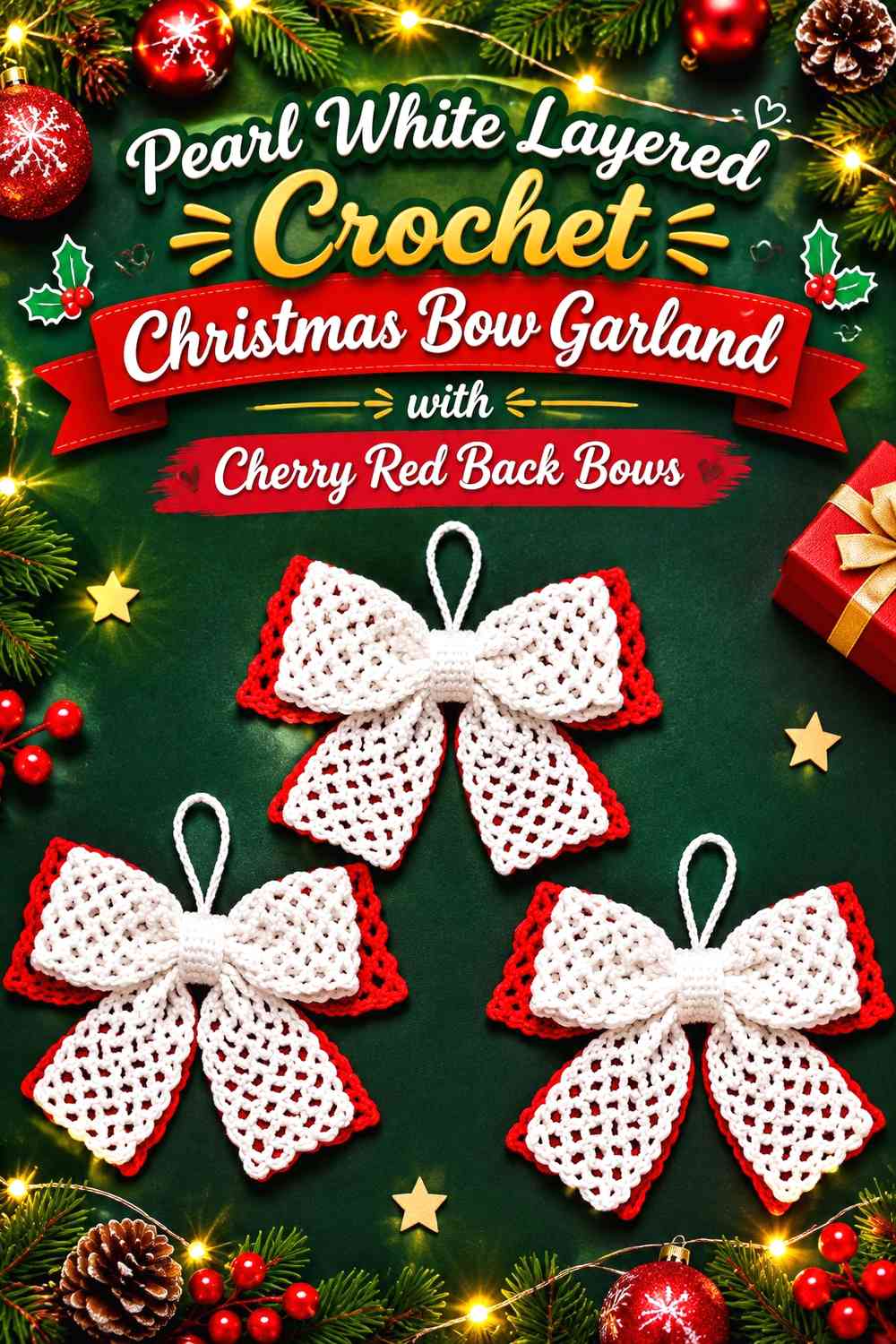 Pearl White Layered Crochet Christmas Bow Garland with Cherry Red Back Bows
