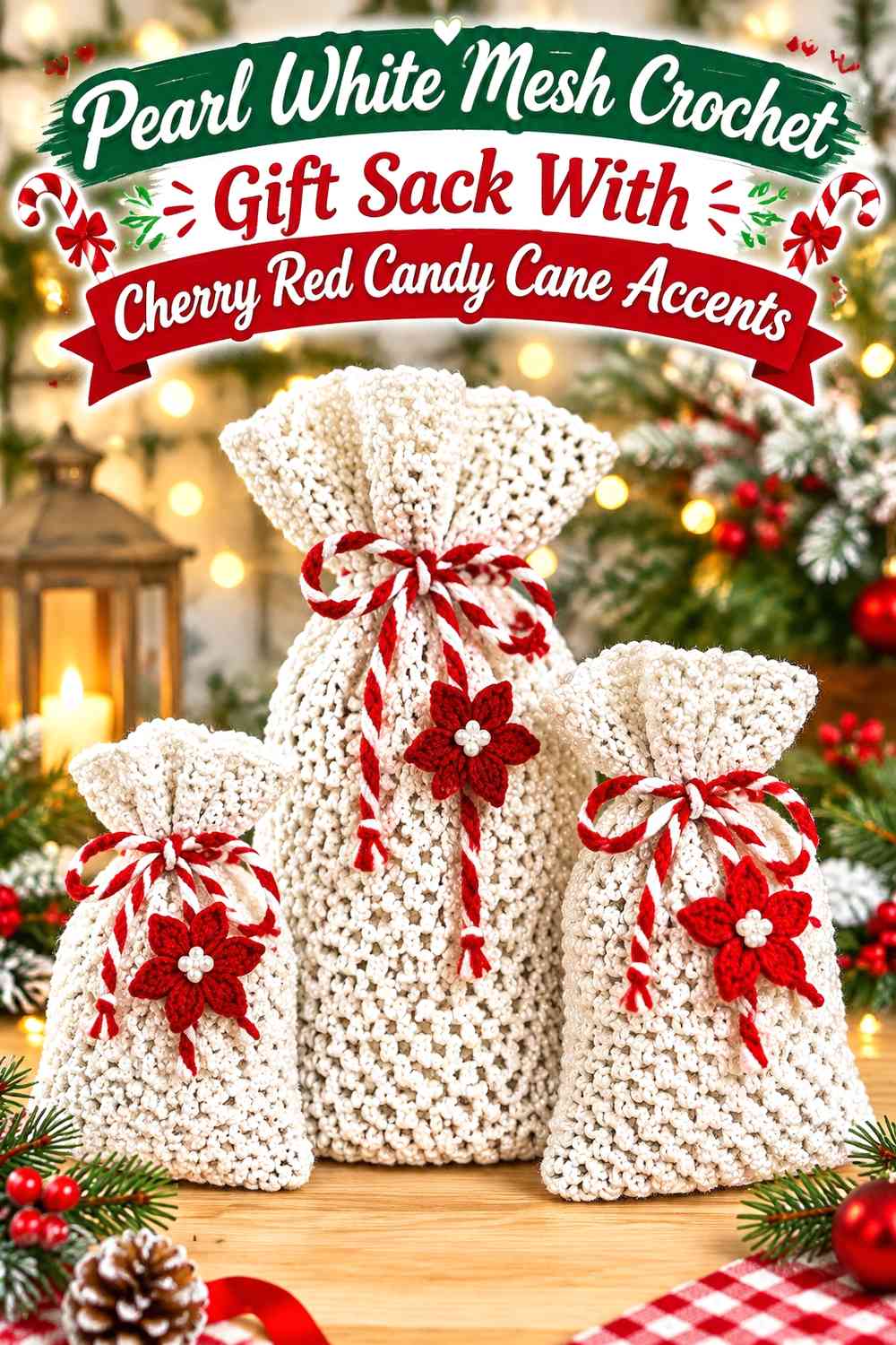 Pearl White Mesh Crochet Gift Sack With Cherry Red Candy Cane Accents