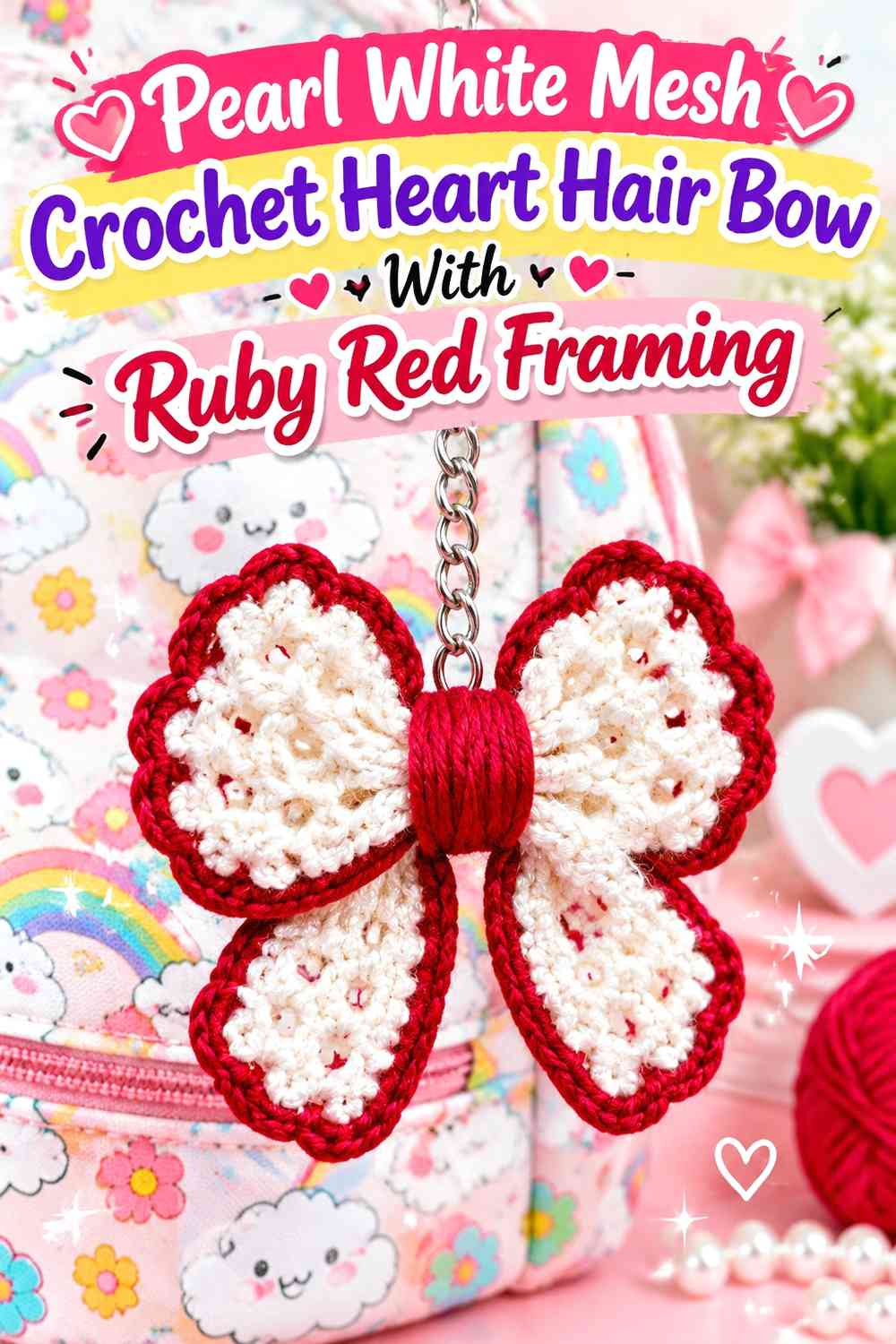 Pearl White Mesh Crochet Heart Hair Bow With Ruby Red Framing