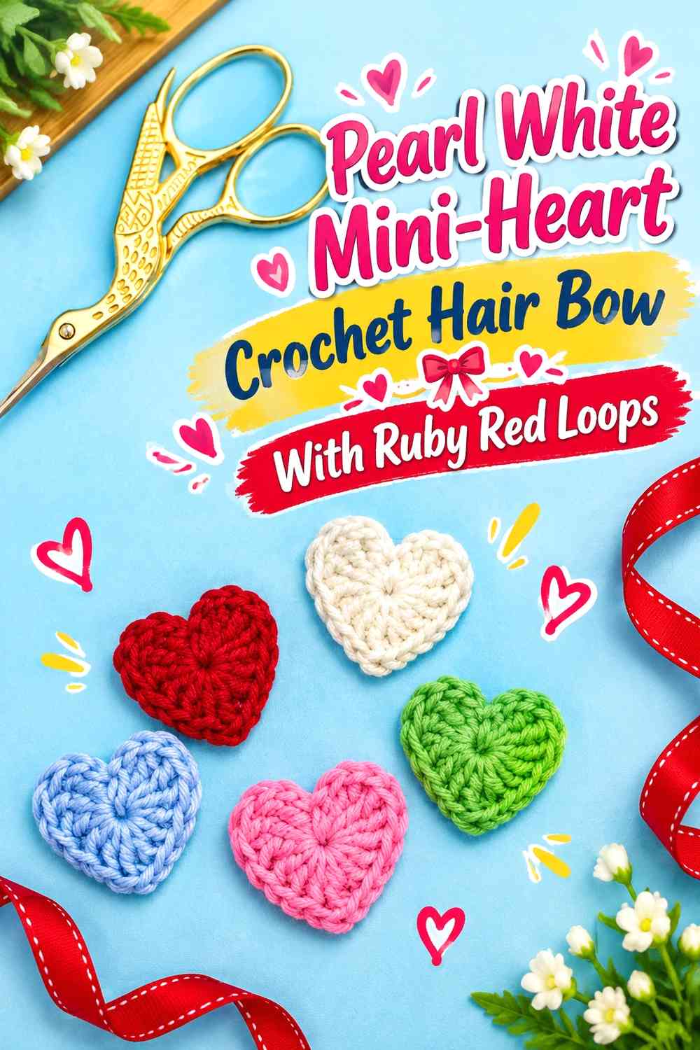 Pearl White Mini-Heart Crochet Hair Bow With Ruby Red Loops