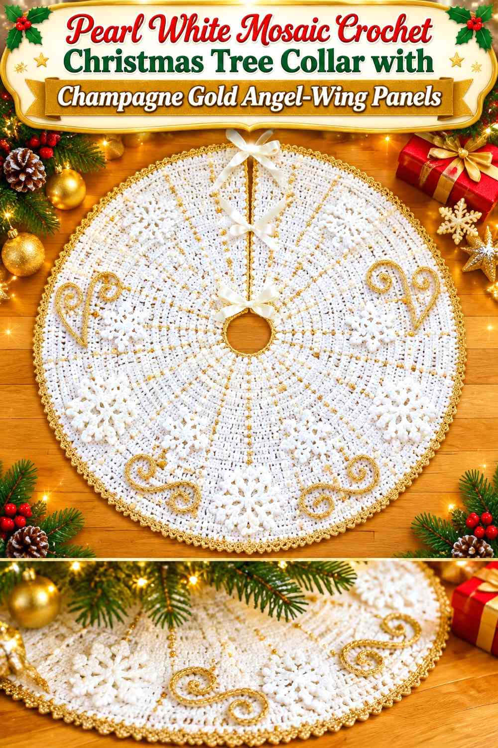 Pearl White Mosaic Crochet Christmas Tree Collar with Champagne Gold Angel-Wing Panels