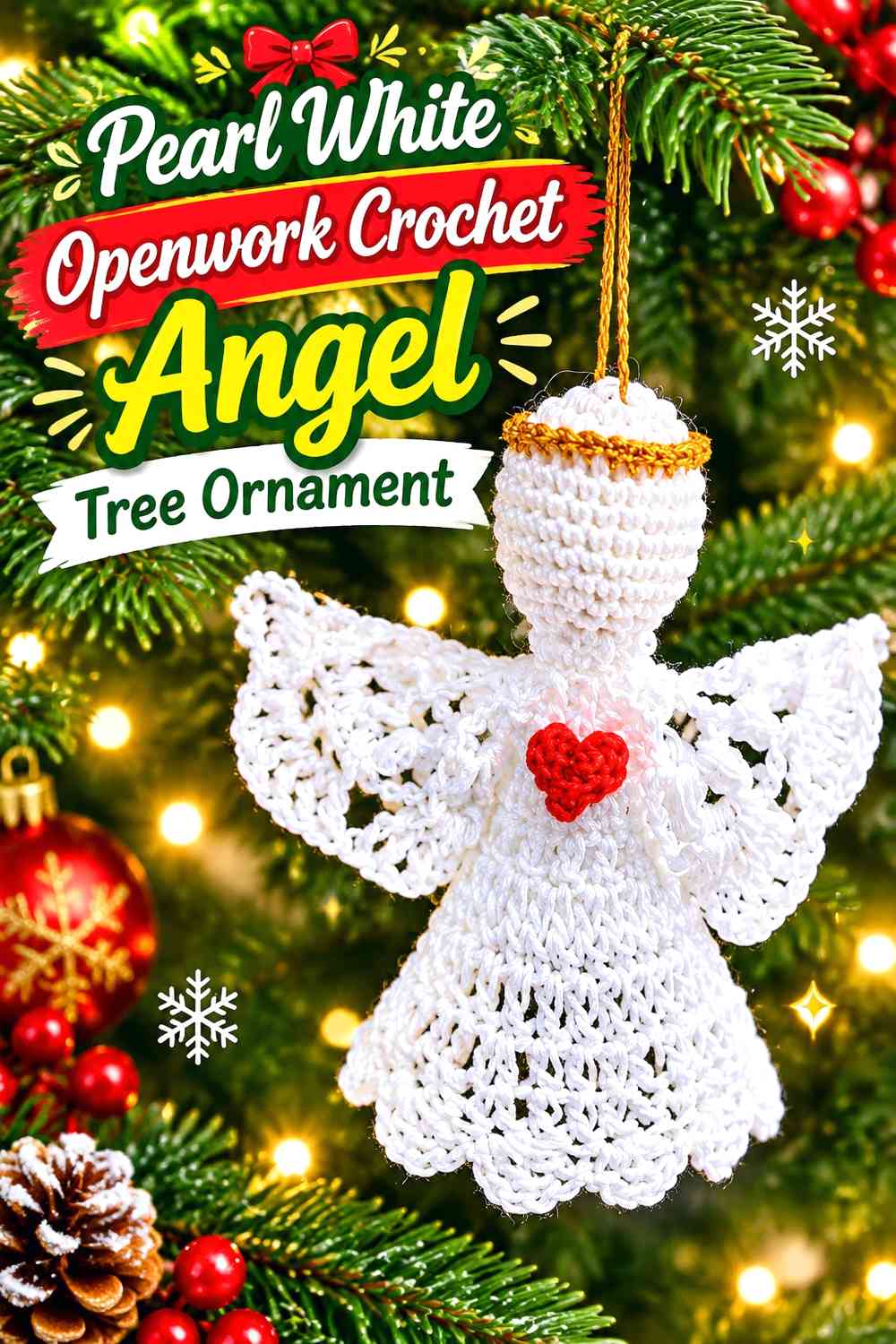 Pearl White Openwork Crochet Angel Tree Ornament