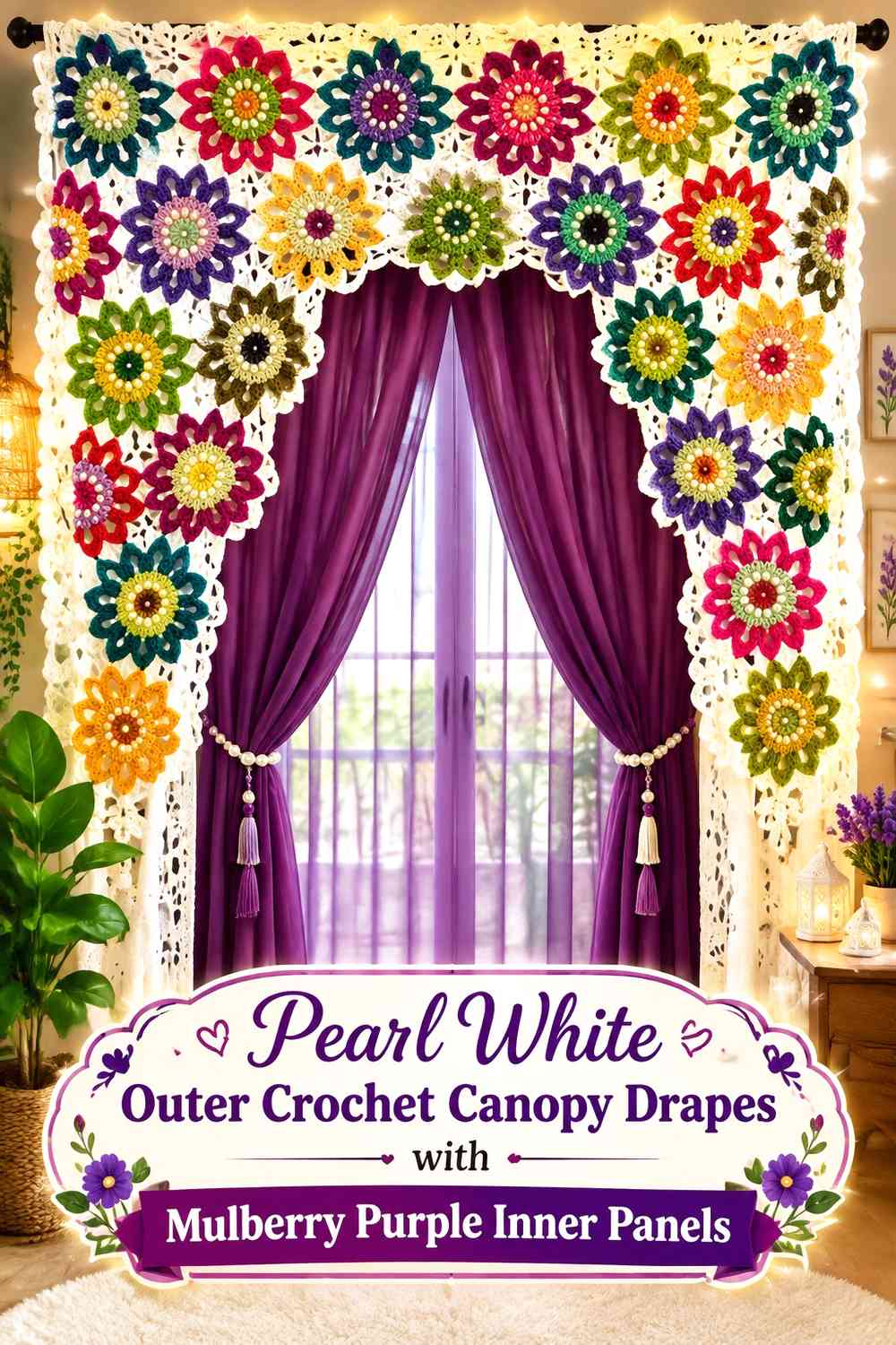 Pearl White Outer Crochet Canopy Drapes with Mulberry Purple Inner Panels