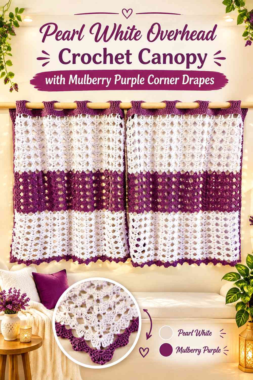 Pearl White Overhead Crochet Canopy with Mulberry Purple Corner Drapes