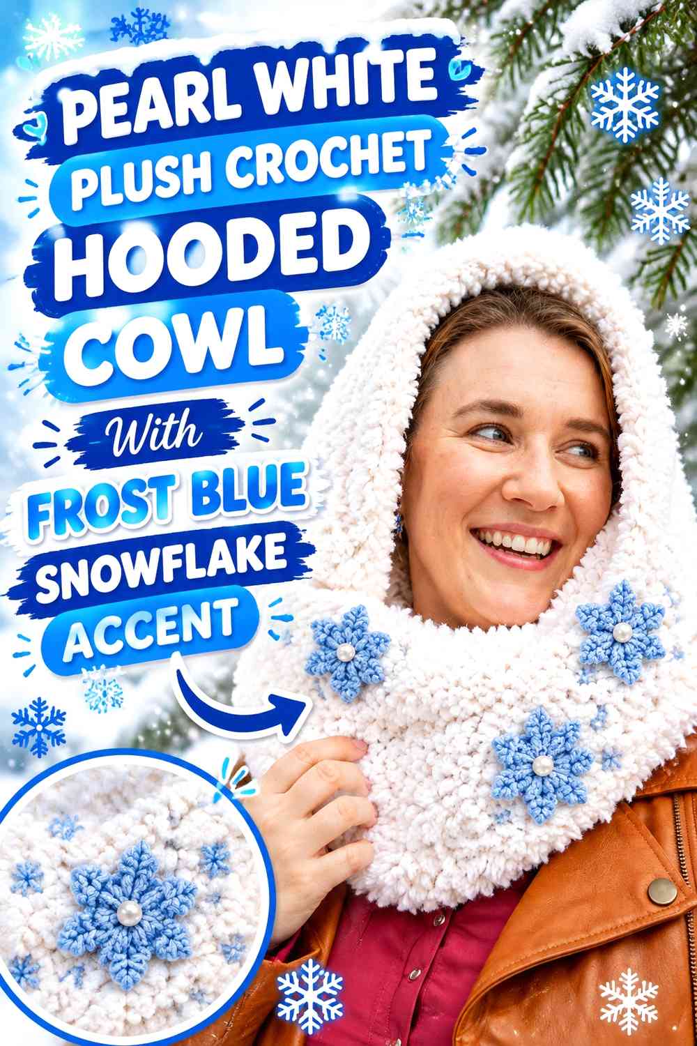 Pearl White Plush Crochet Hooded Cowl With Frost Blue Snowflake Accent