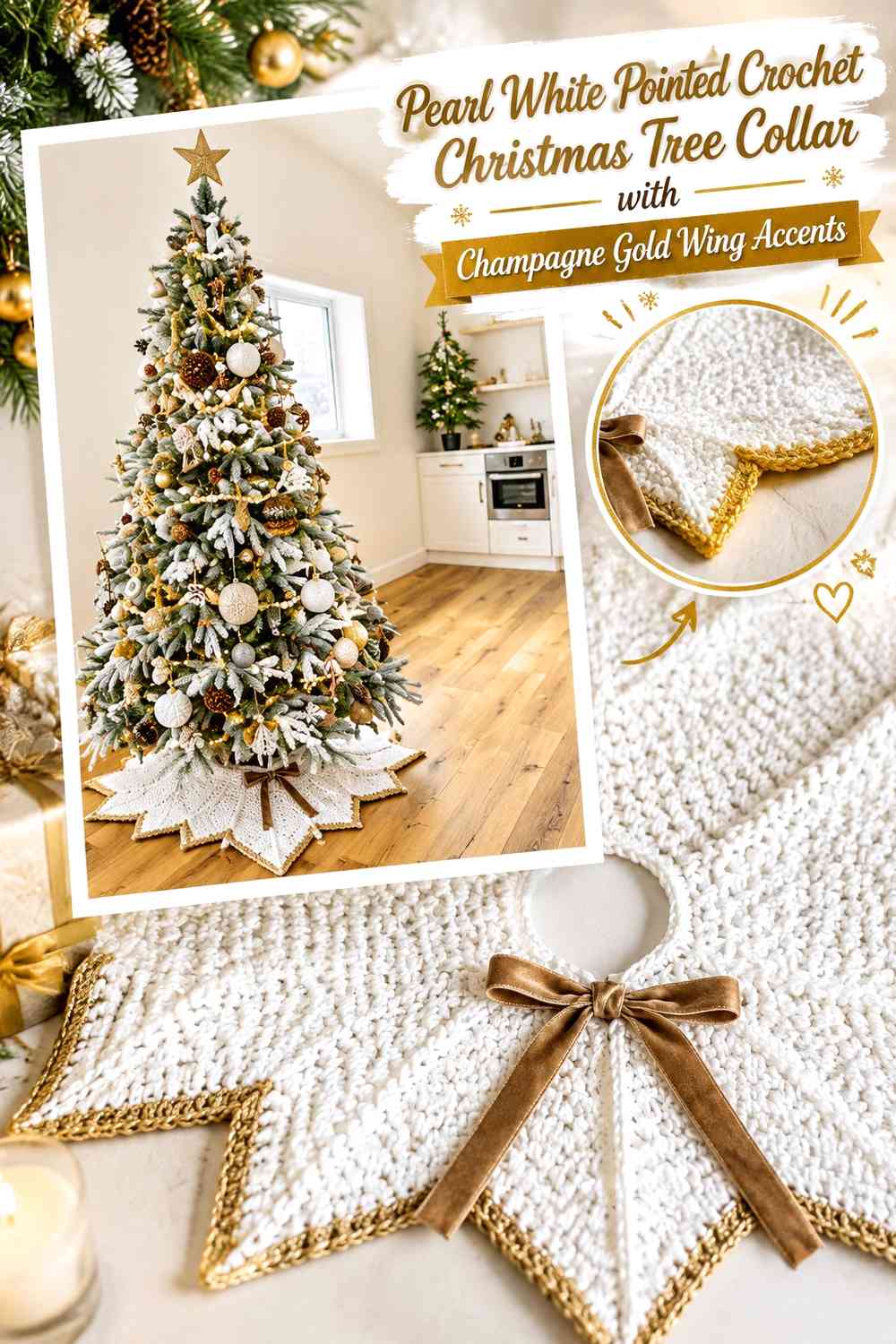 Pearl White Pointed Crochet Christmas Tree Collar with Champagne Gold Wing Accents
