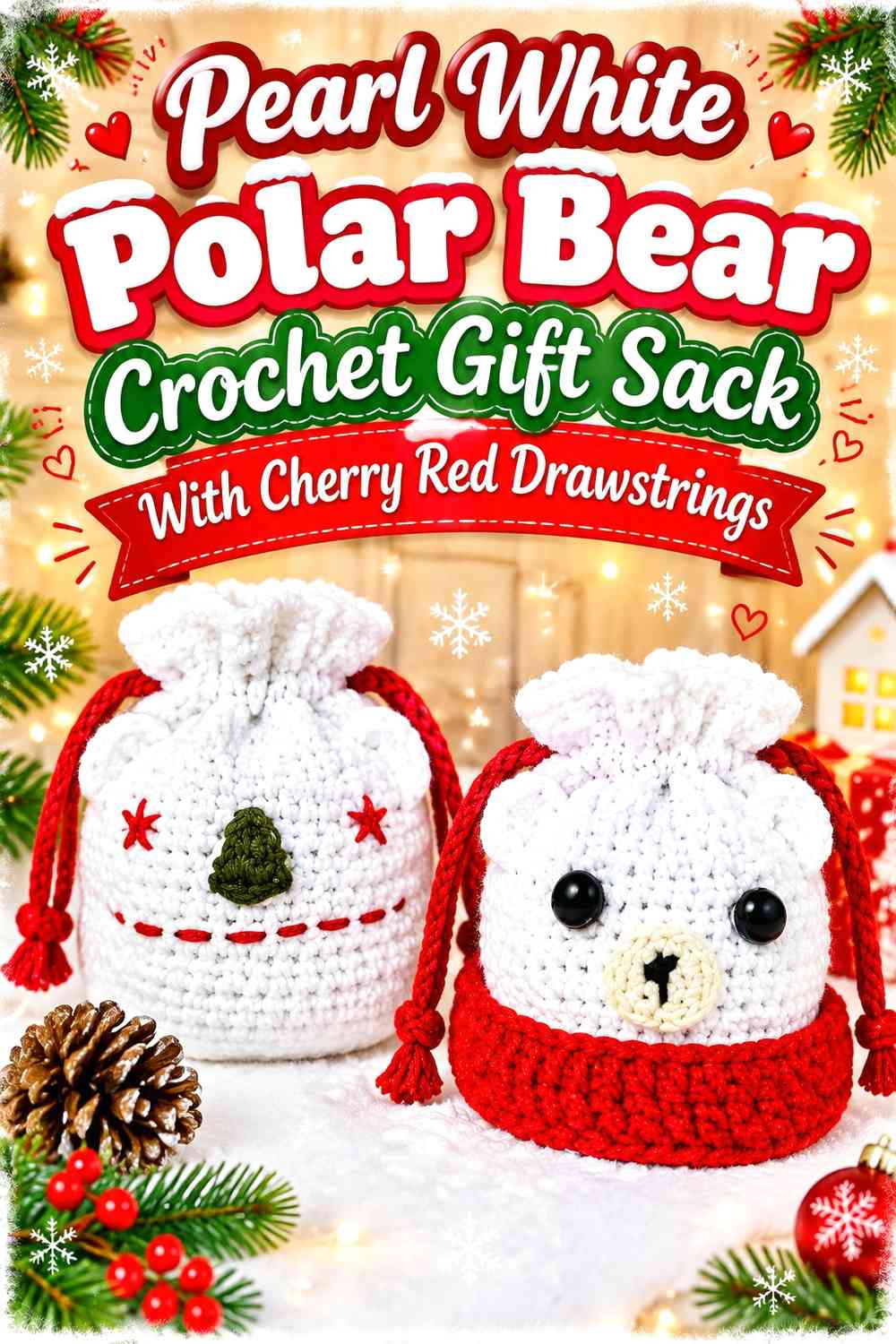 Pearl White Polar Bear Crochet Gift Sack With Cherry Red Drawstrings