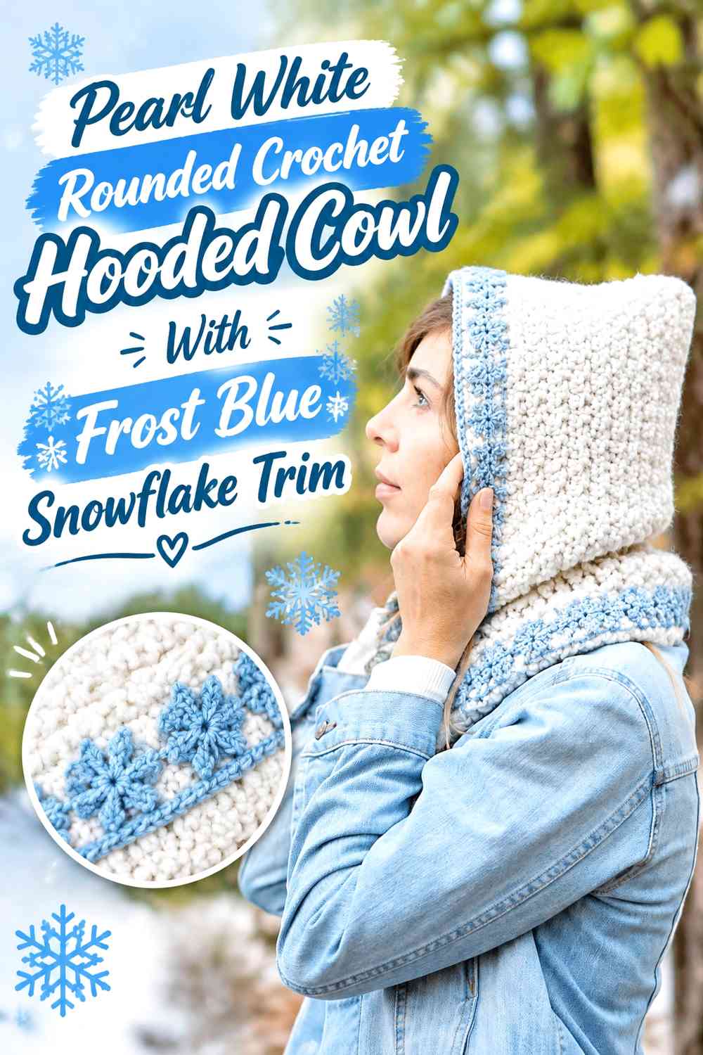 Pearl White Rounded Crochet Hooded Cowl With Frost Blue Snowflake Trim
