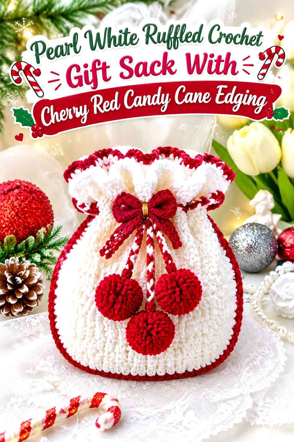 Pearl White Ruffled Crochet Gift Sack With Cherry Red Candy Cane Edging