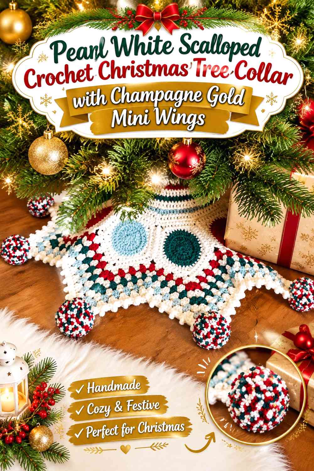 Pearl White Scalloped Crochet Christmas Tree Collar with Champagne Gold Mini Wings