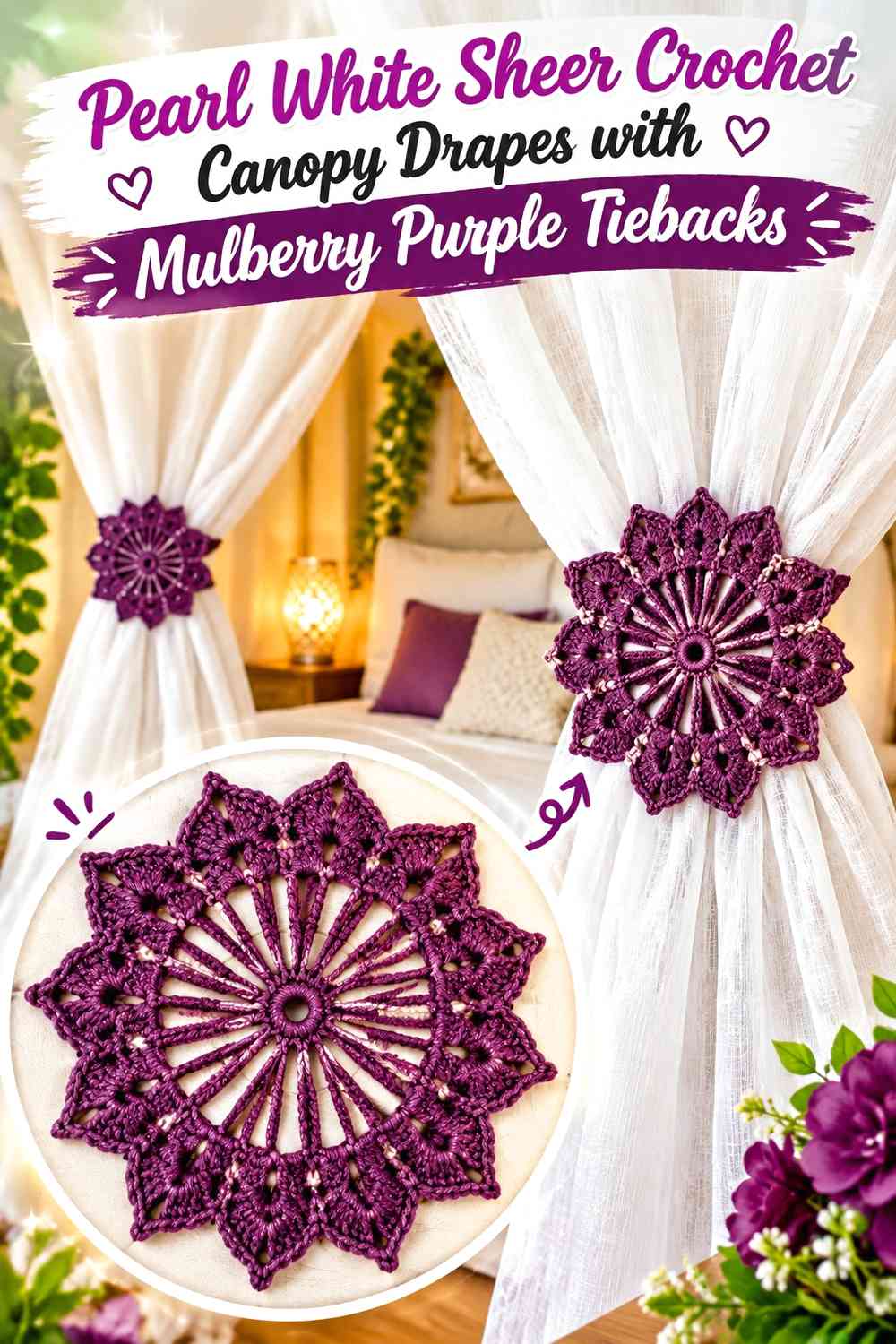 Pearl White Sheer Crochet Canopy Drapes with Mulberry Purple Tiebacks