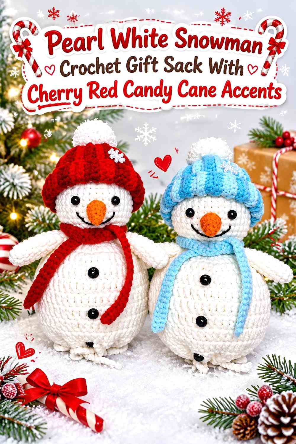 Pearl White Snowman Crochet Gift Sack With Cherry Red Candy Cane Accents