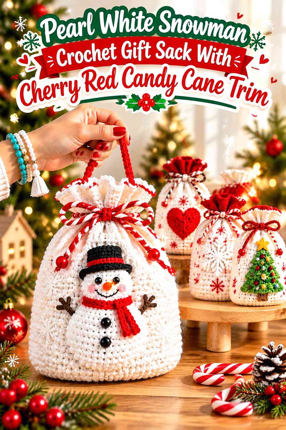 Pearl White Snowman Crochet Gift Sack With Cherry Red Candy Cane Trim
