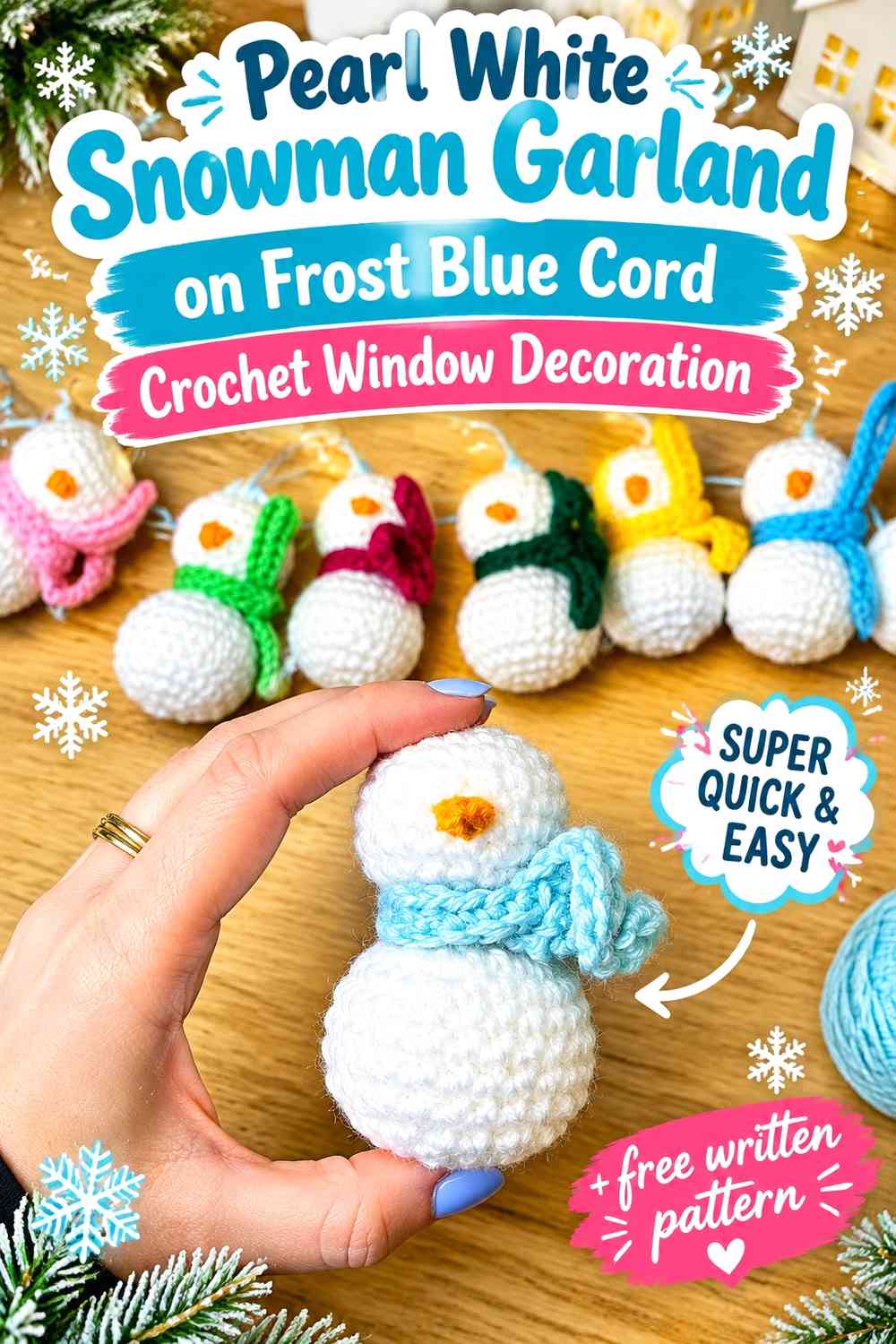 Pearl White Snowman Garland on Frost Blue Cord Crochet Window Decoration