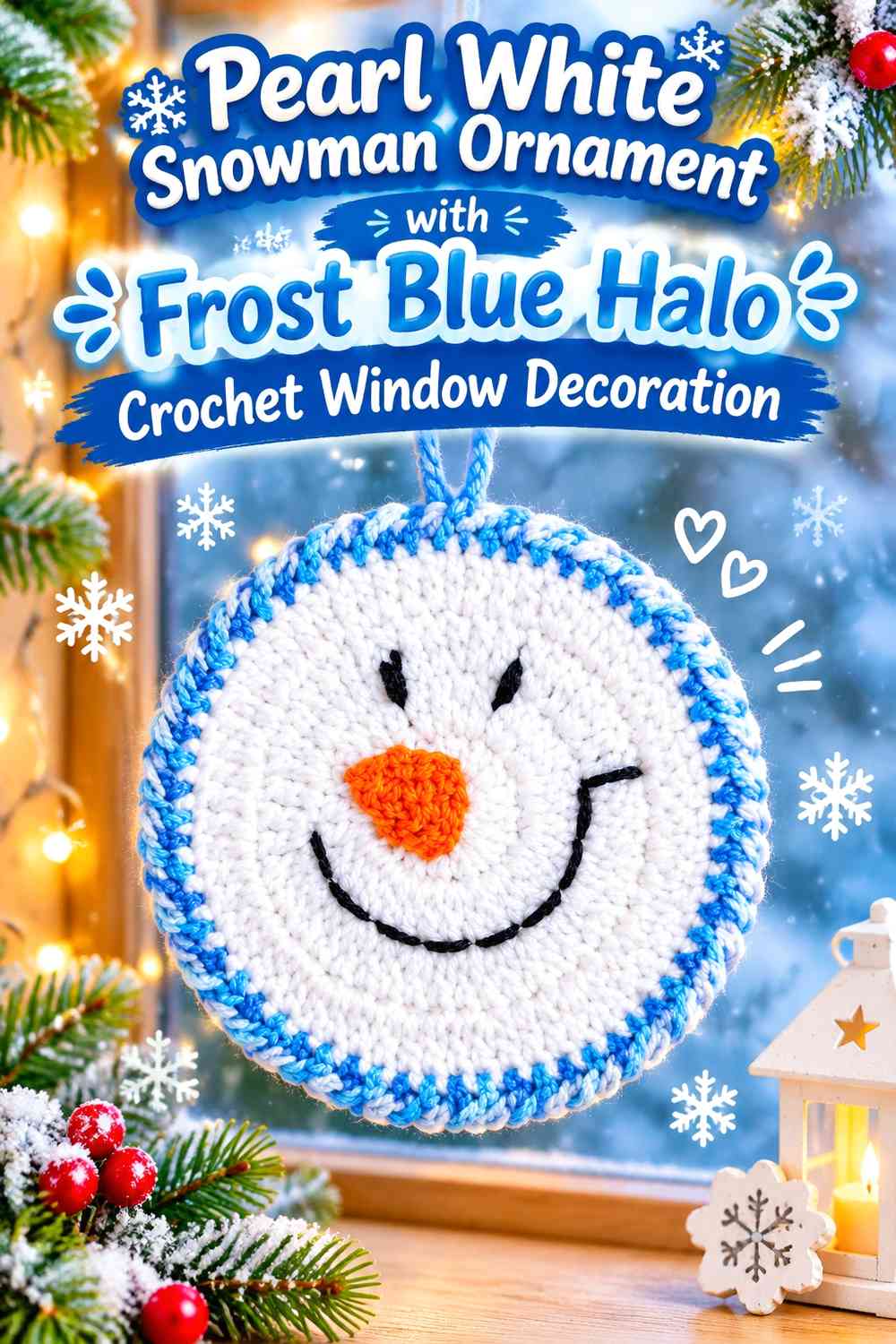 Pearl White Snowman Ornament with Frost Blue Halo Crochet Window Decoration