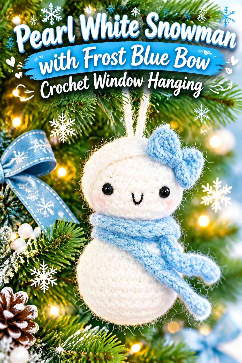 Pearl White Snowman with Frost Blue Bow Crochet Window Hanging