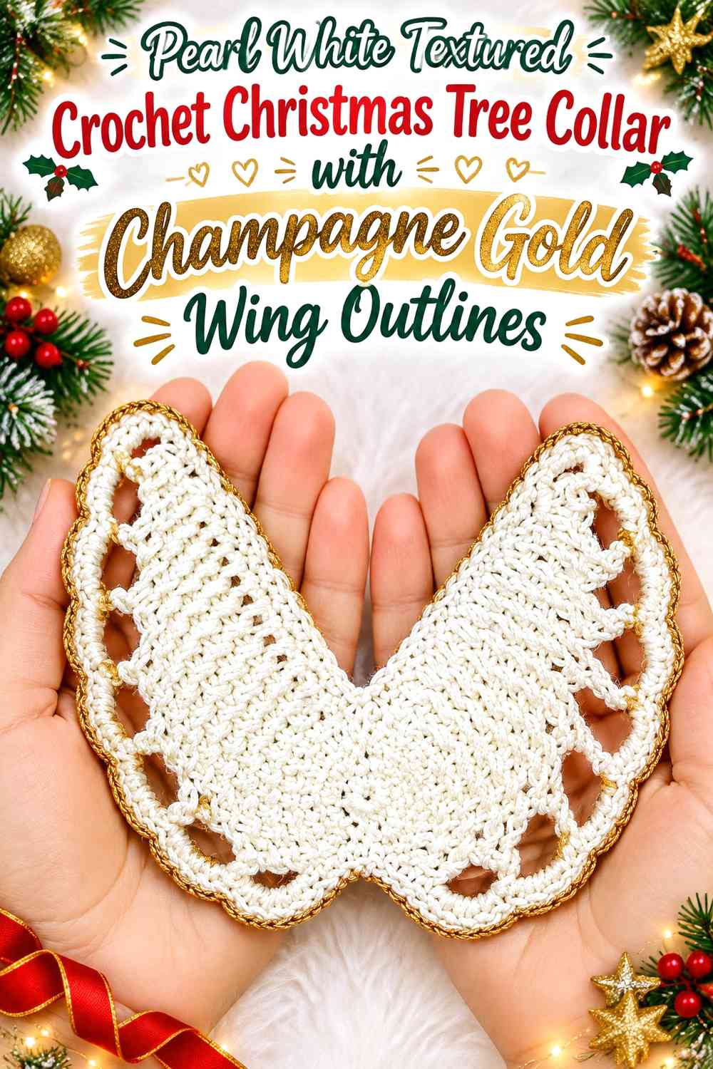 Pearl White Textured Crochet Christmas Tree Collar with Champagne Gold Wing Outlines