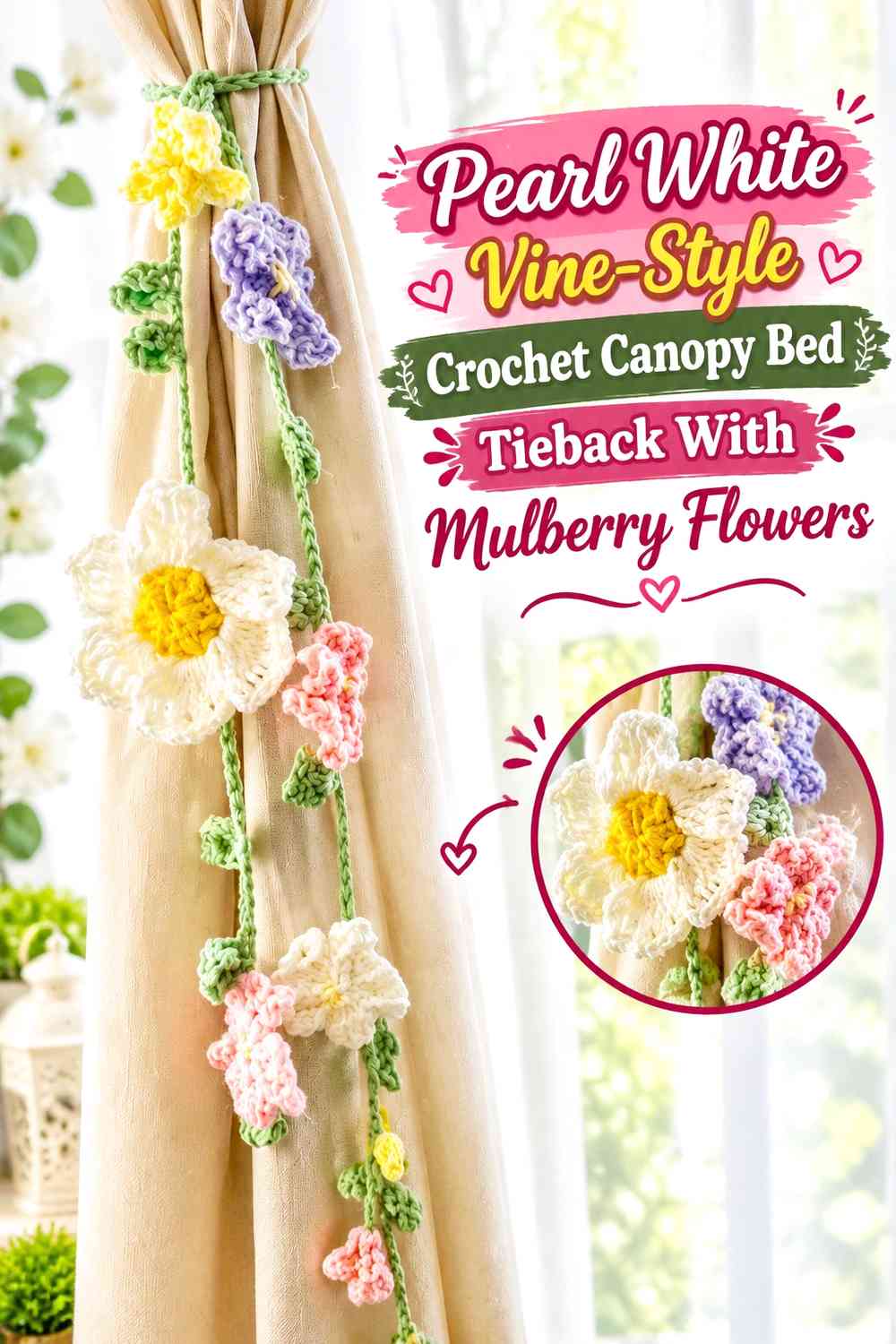 Pearl White Vine-Style Crochet Canopy Bed Tieback With Mulberry Flowers