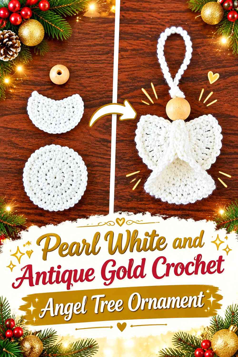 Pearl White and Antique Gold Crochet Angel Tree Ornament