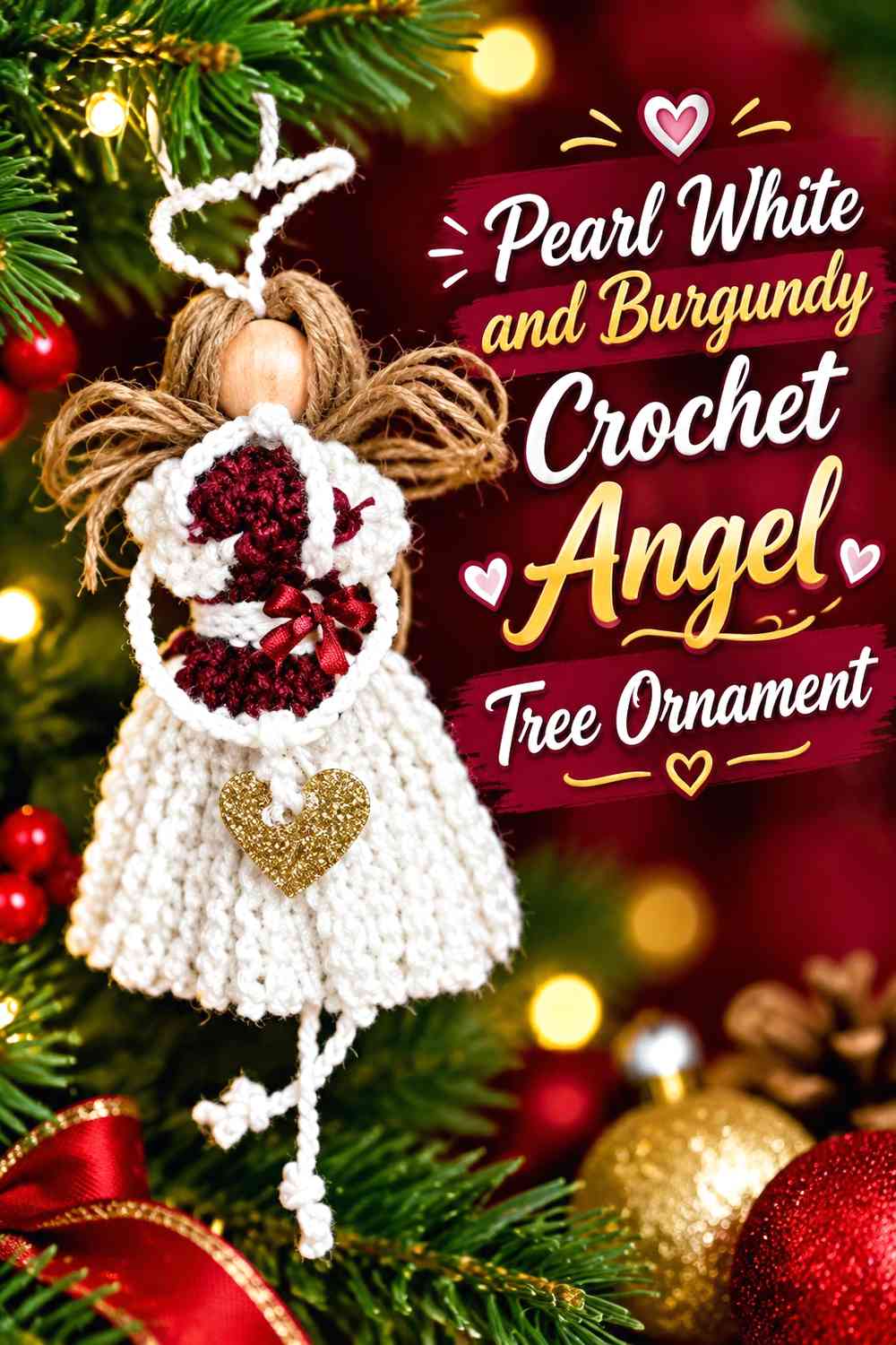 Pearl White and Burgundy Crochet Angel Tree Ornament