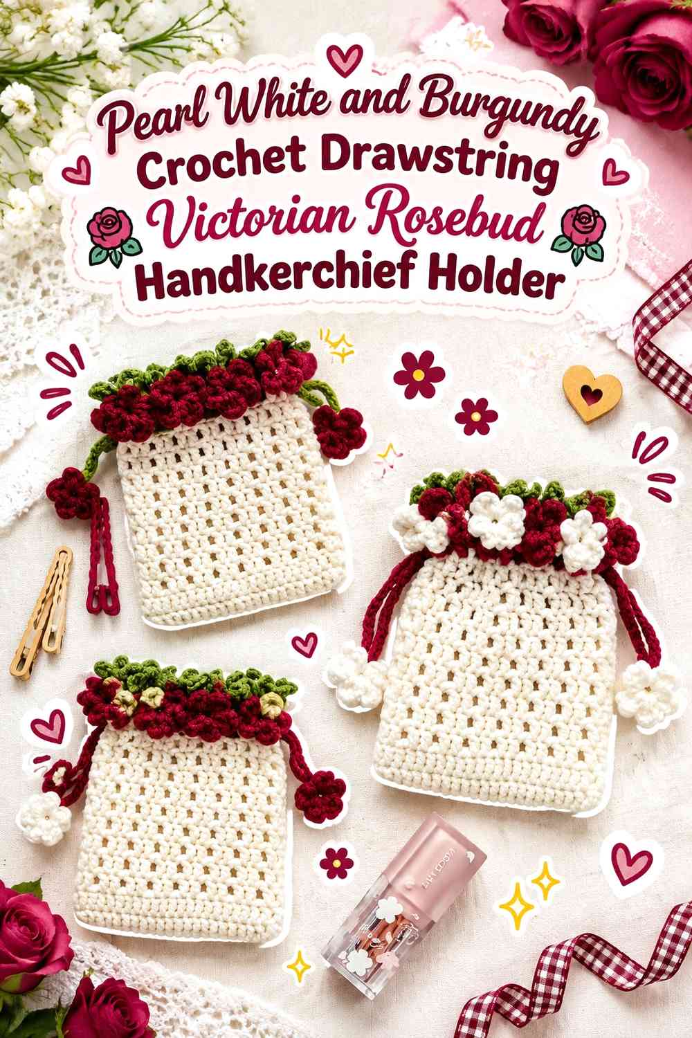 Pearl White and Burgundy Crochet Drawstring Victorian Rosebud Handkerchief Holder