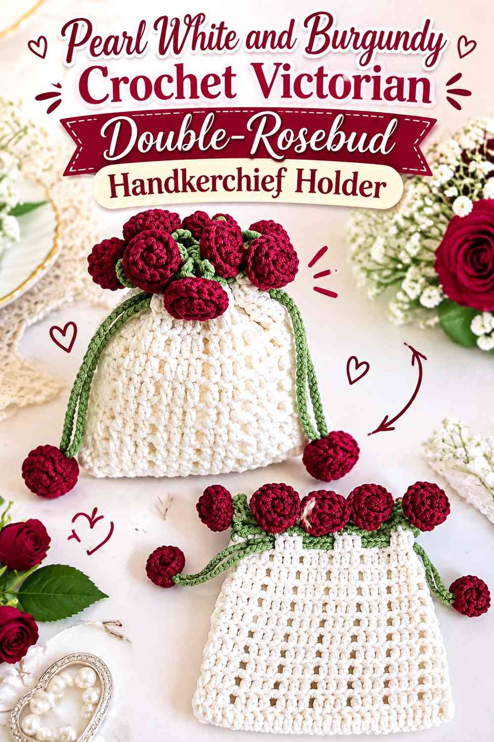Pearl White and Burgundy Crochet Victorian Double-Rosebud Handkerchief Holder
