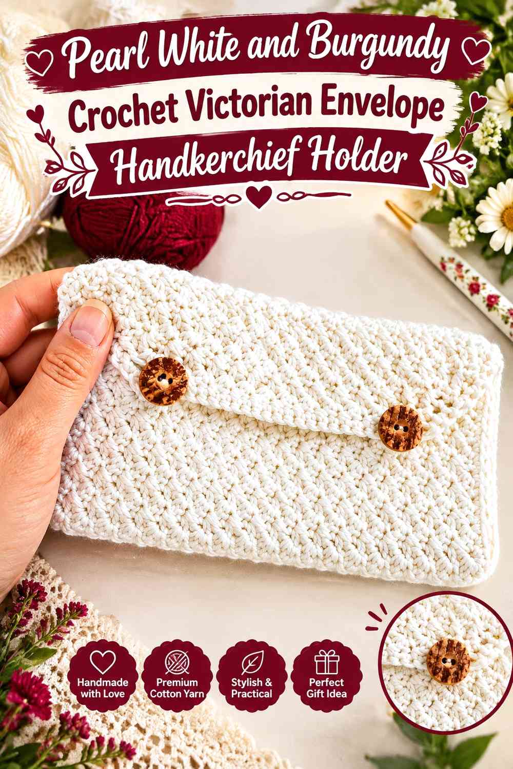 Pearl White and Burgundy Crochet Victorian Envelope Handkerchief Holder