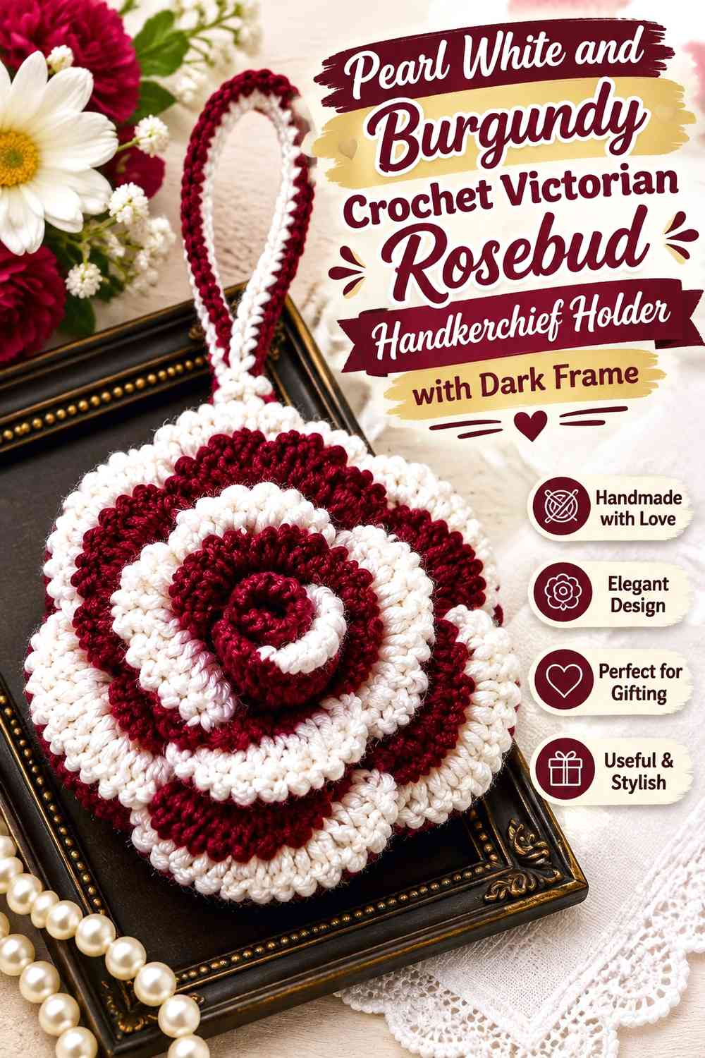 Pearl White and Burgundy Crochet Victorian Rosebud Handkerchief Holder with Dark Frame