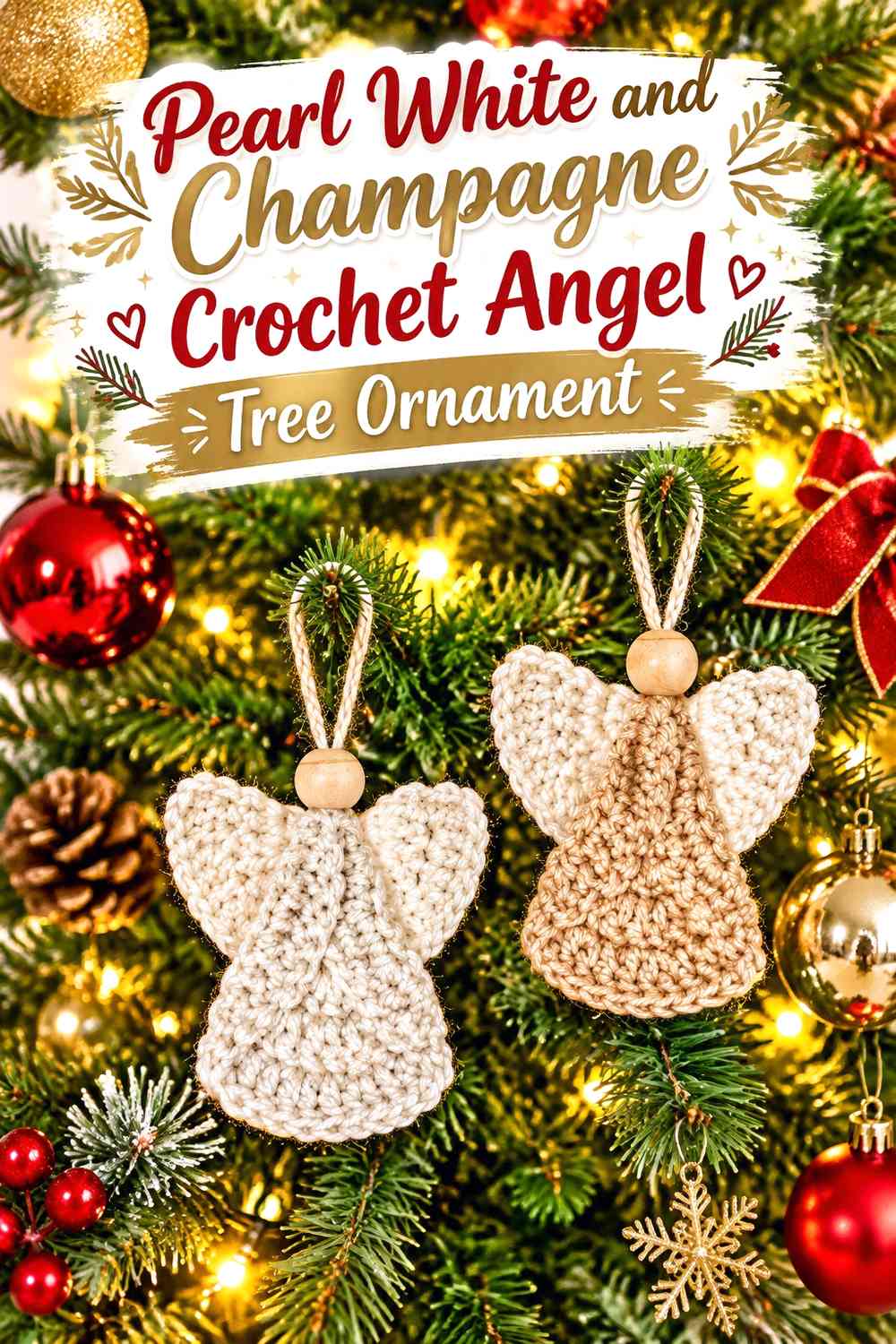 Pearl White and Champagne Crochet Angel Tree Ornament