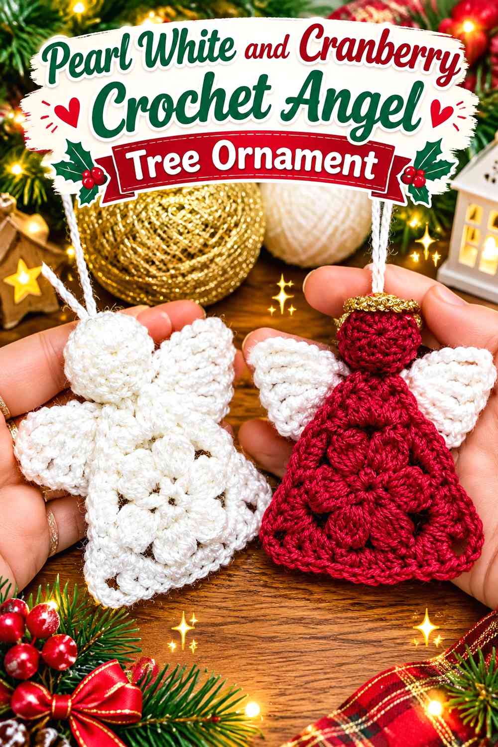 Pearl White and Cranberry Crochet Angel Tree Ornament