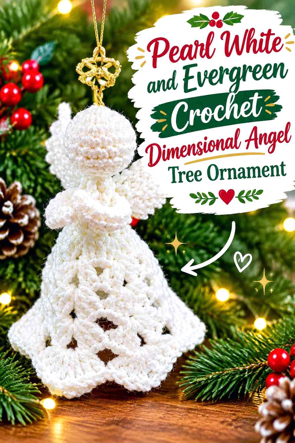 Pearl White and Evergreen Crochet Dimensional Angel Tree Ornament