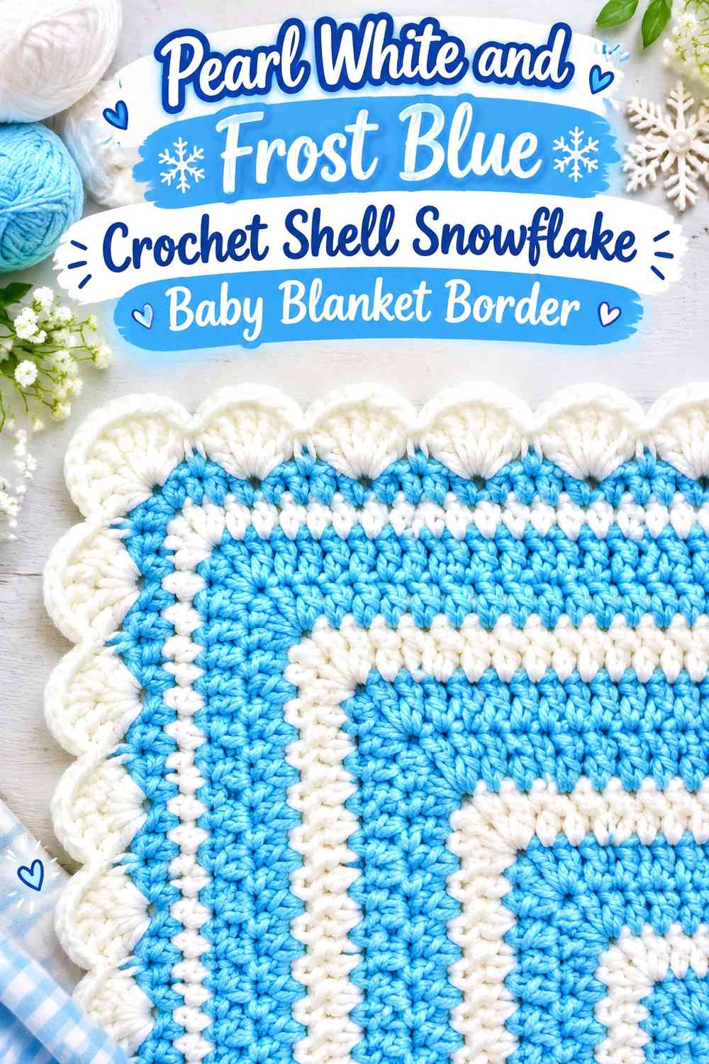 Pearl White and Frost Blue Crochet Shell Snowflake Baby Blanket Border