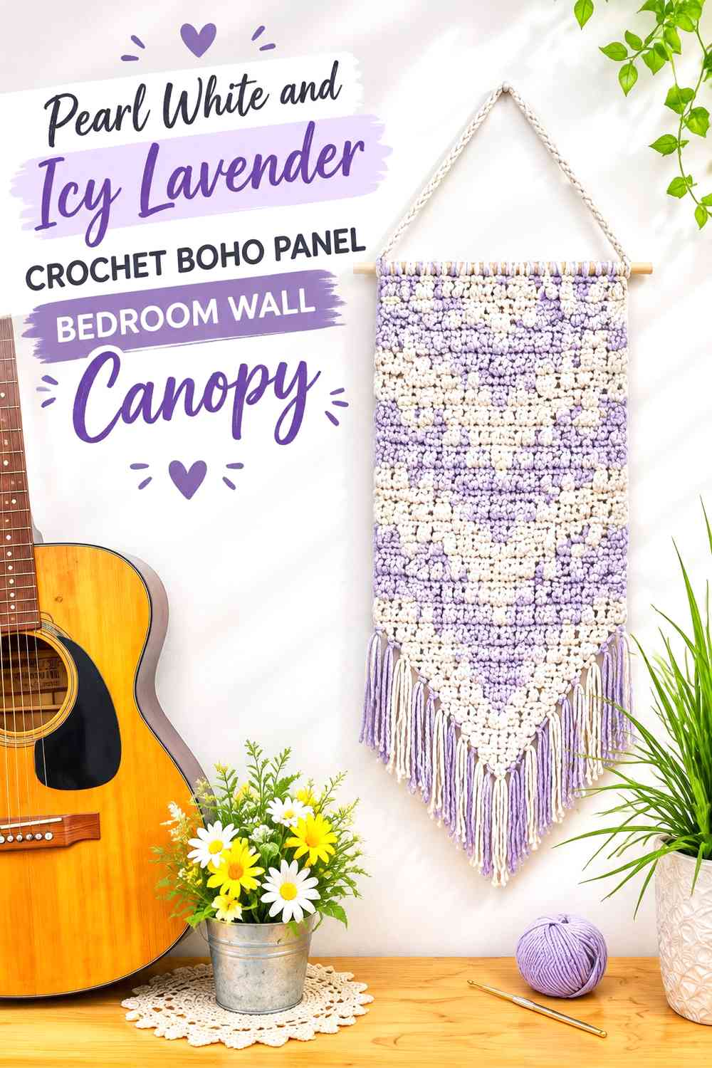 Pearl White and Icy Lavender Crochet Boho Panel Bedroom Wall Canopy