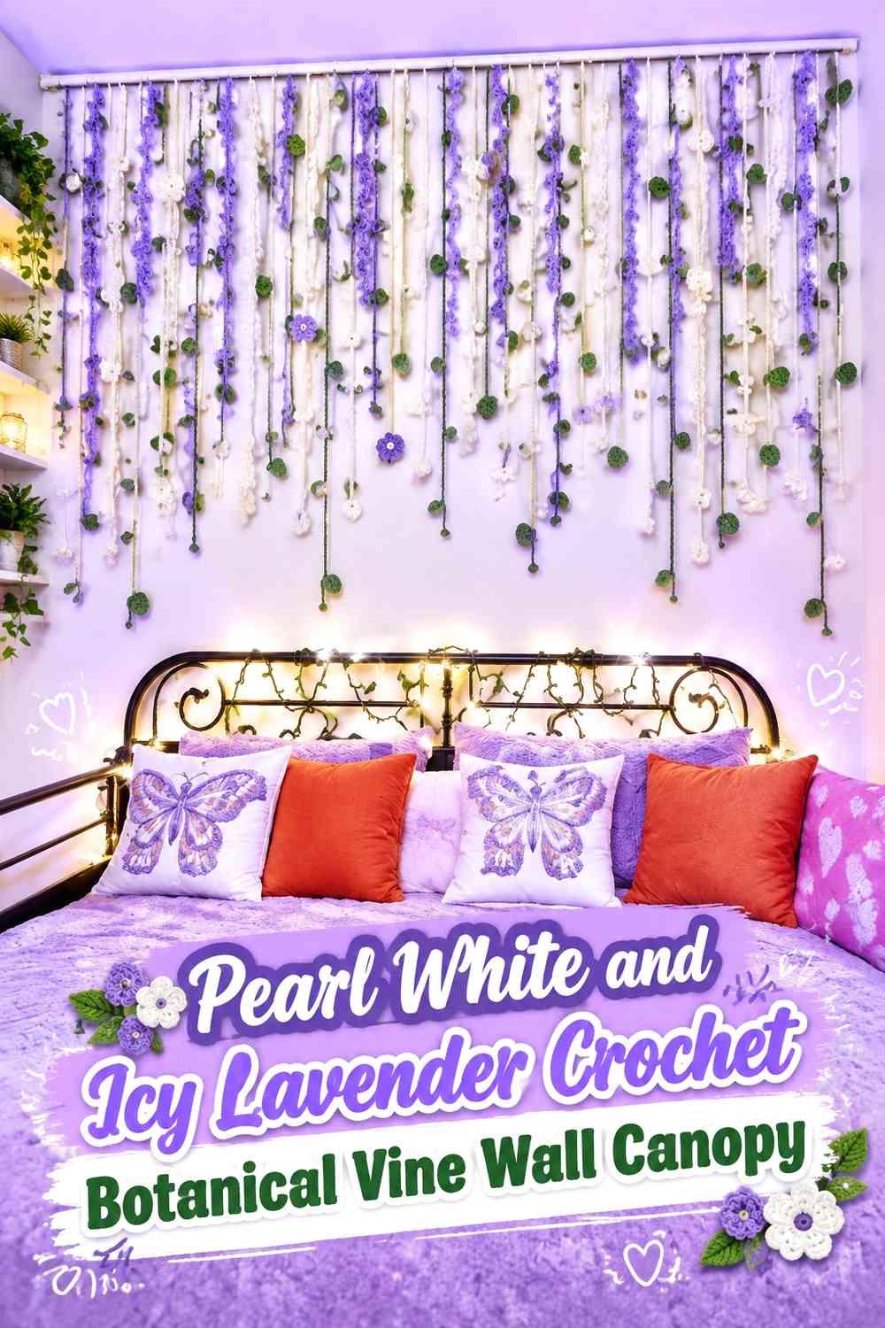 Pearl White and Icy Lavender Crochet Botanical Vine Wall Canopy