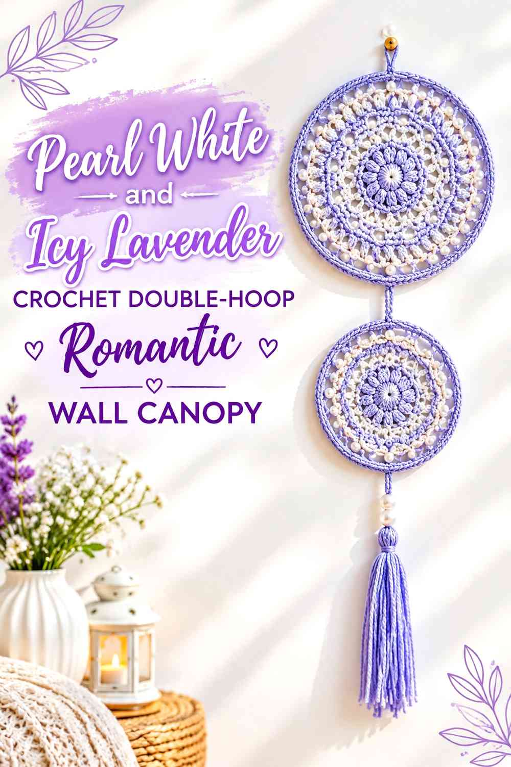 Pearl White and Icy Lavender Crochet Double-Hoop Romantic Wall Canopy