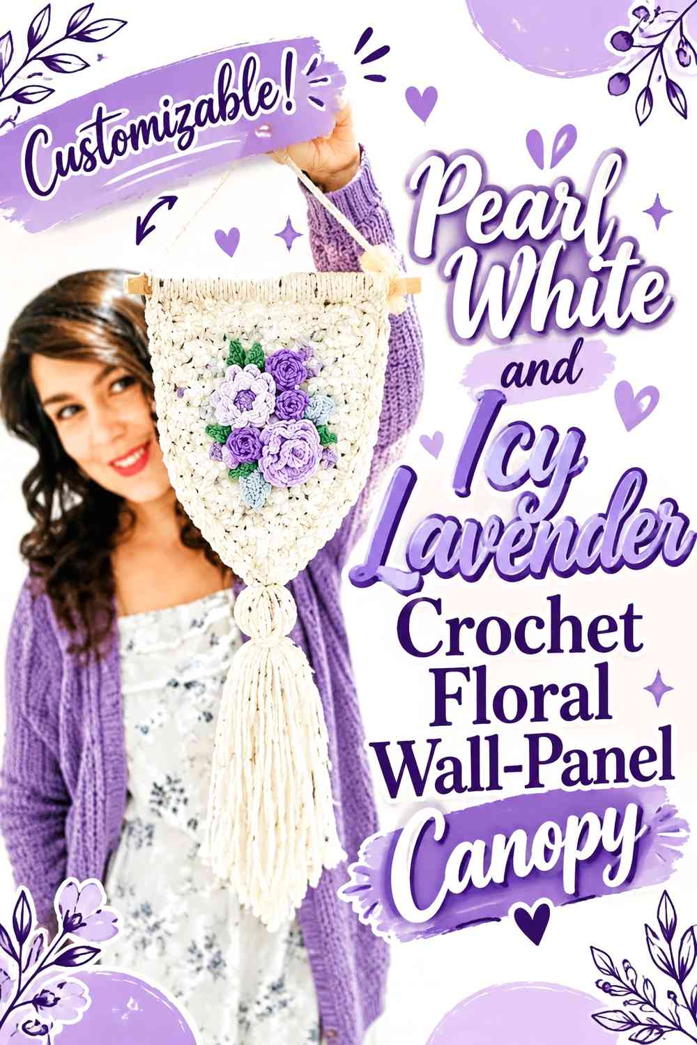 Pearl White and Icy Lavender Crochet Floral Wall-Panel Canopy