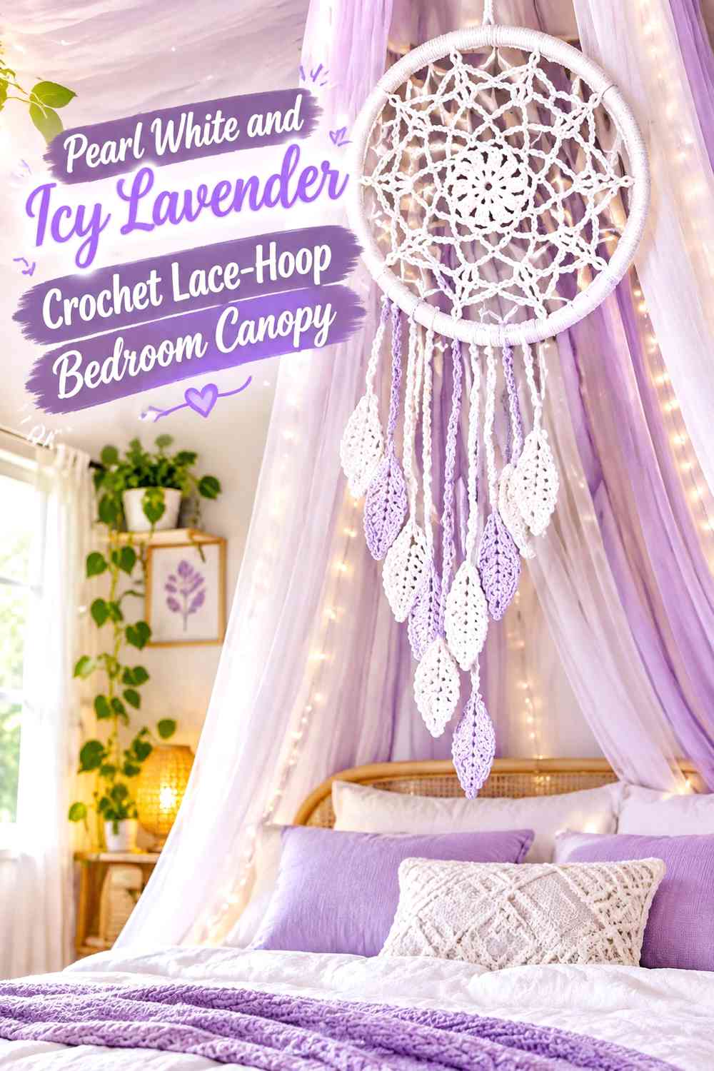 Pearl White and Icy Lavender Crochet Lace-Hoop Bedroom Canopy