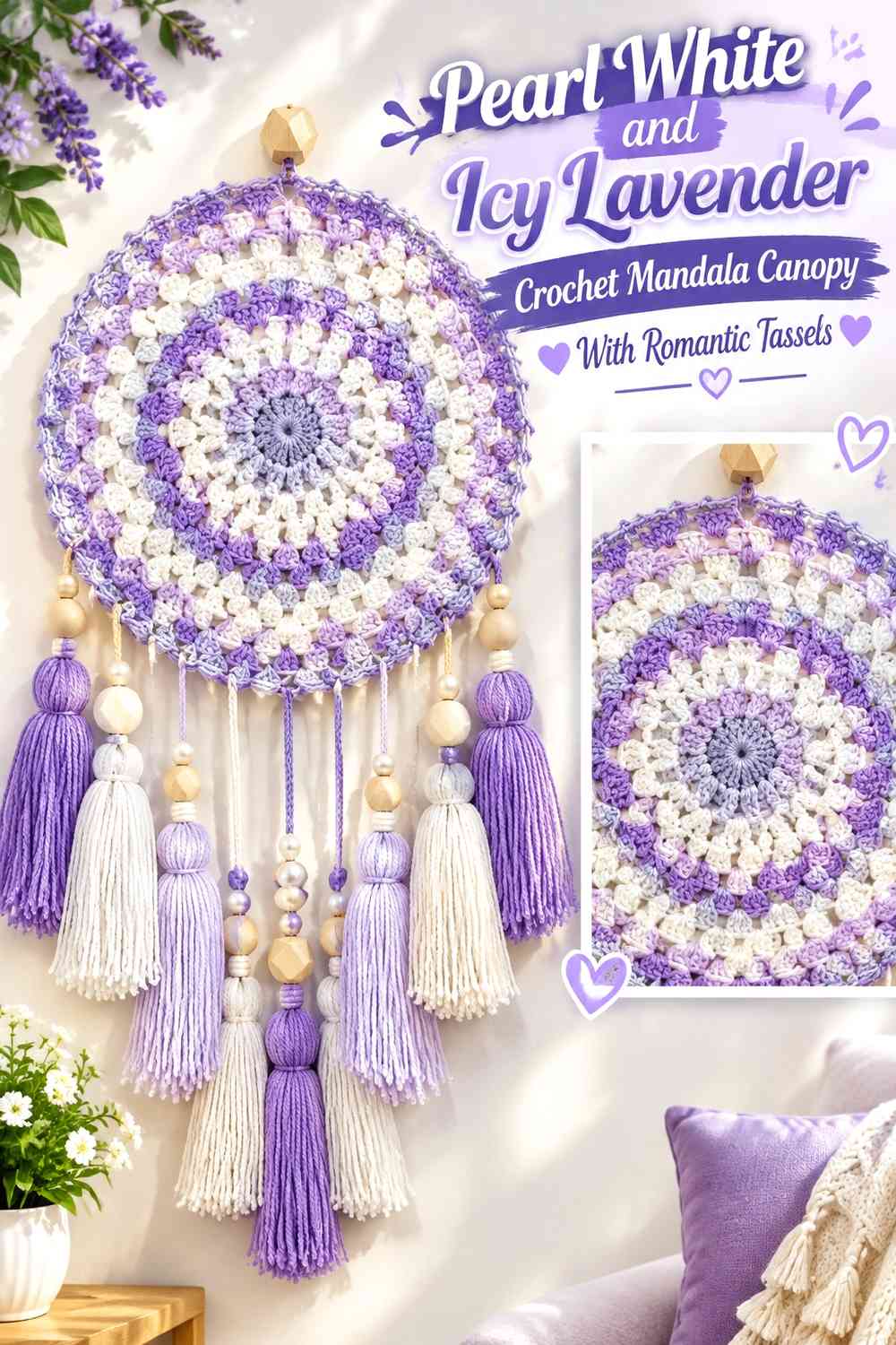 Pearl White and Icy Lavender Crochet Mandala Canopy With Romantic Tassels