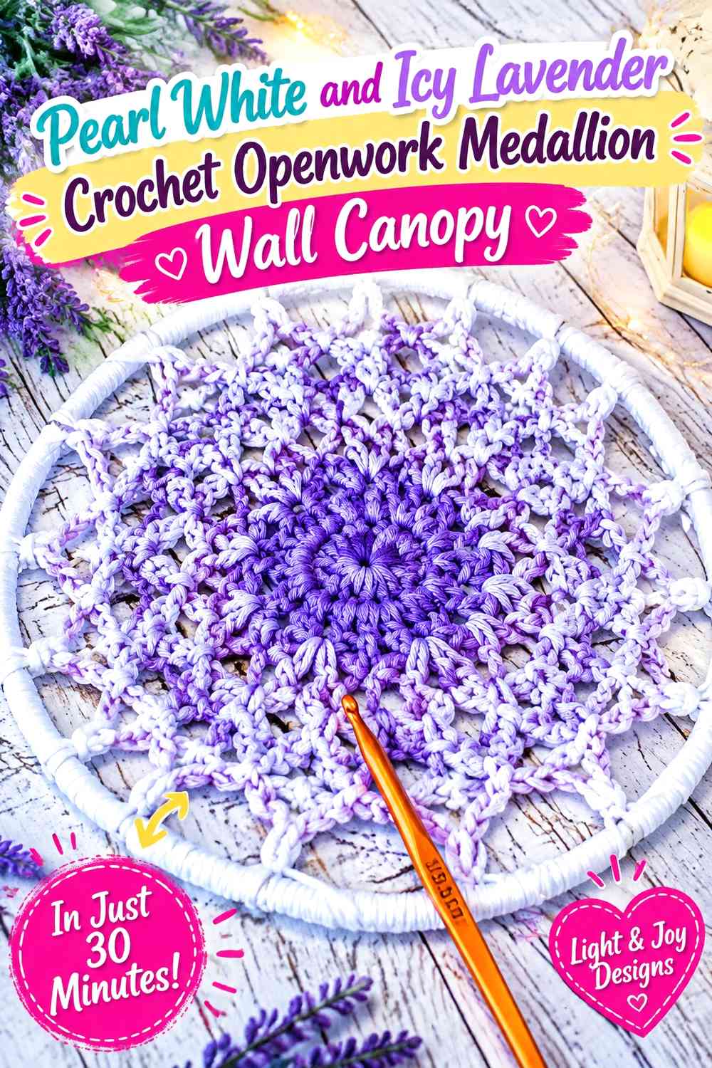 Pearl White and Icy Lavender Crochet Openwork Medallion Wall Canopy