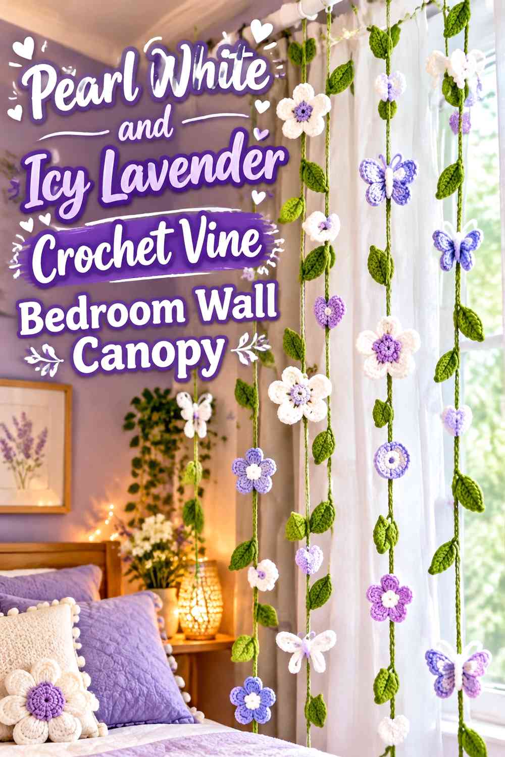 Pearl White and Icy Lavender Crochet Vine Bedroom Wall Canopy