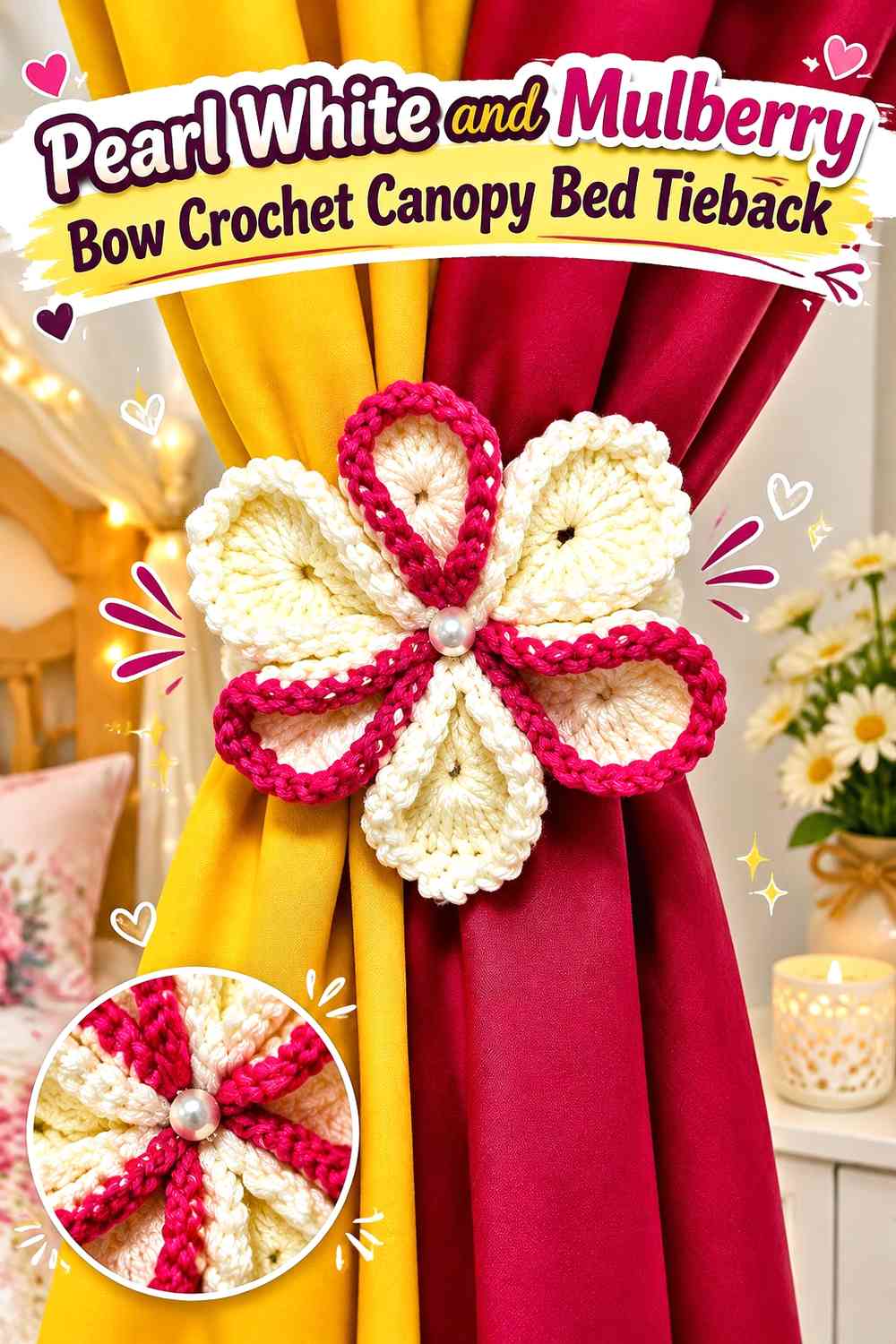 Pearl White and Mulberry Bow Crochet Canopy Bed Tieback