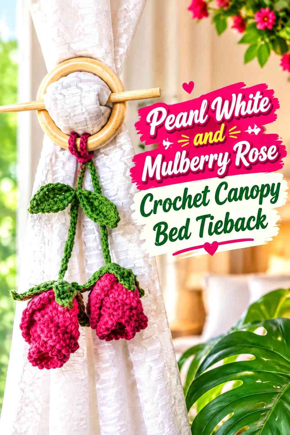 Pearl White and Mulberry Rose Crochet Canopy Bed Tieback