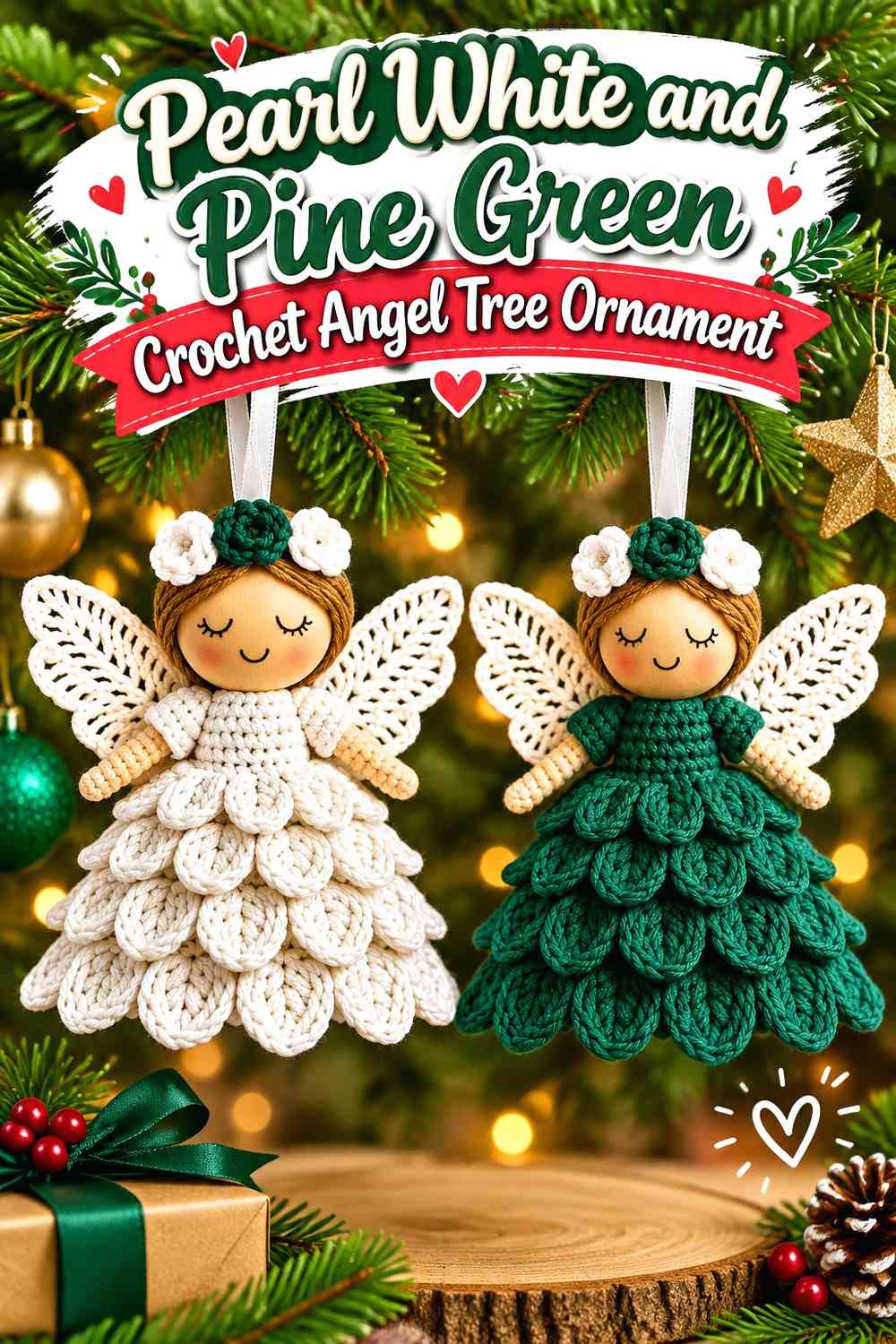 Pearl White and Pine Green Crochet Angel Tree Ornament