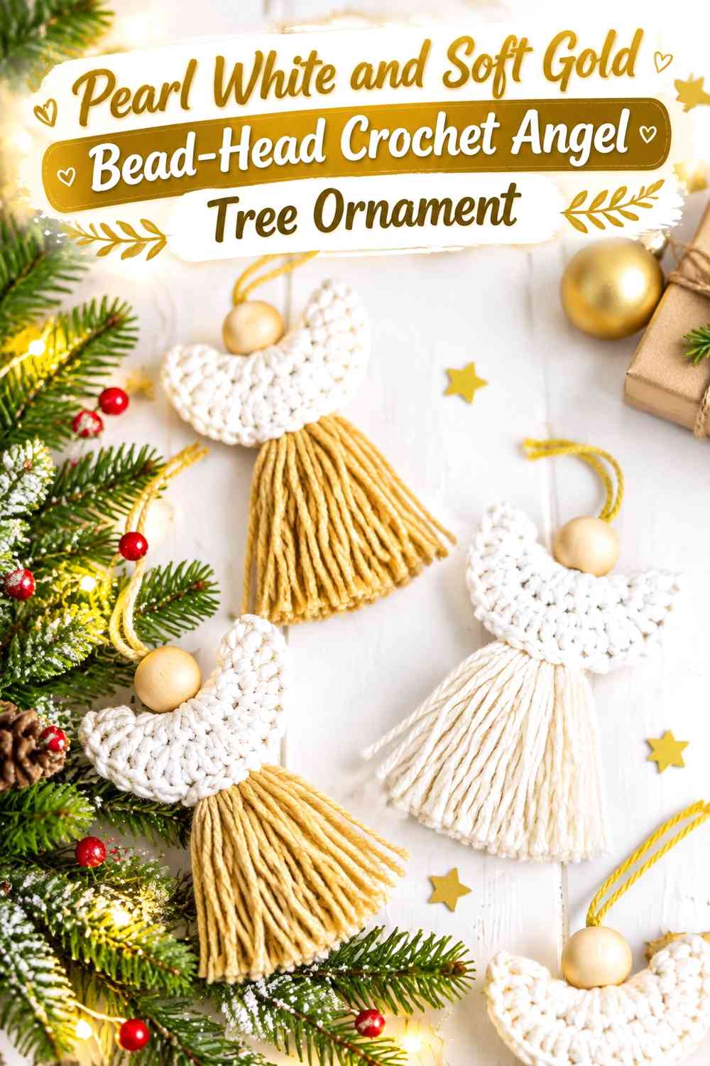 Pearl White and Soft Gold Bead-Head Crochet Angel Tree Ornament