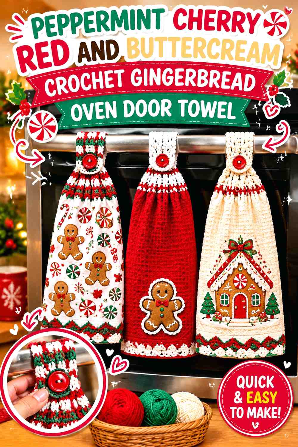 Peppermint Cherry Red and Buttercream Crochet Gingerbread Oven Door Towel