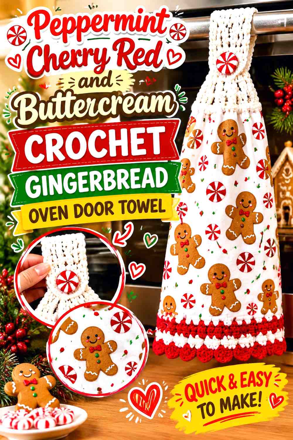 Peppermint Cherry Red and Buttercream Crochet Gingerbread Oven Door Towel