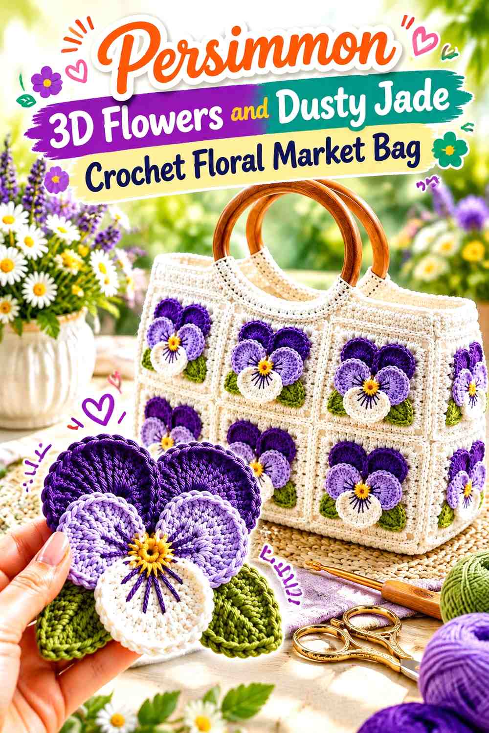 Persimmon 3D Flowers and Dusty Jade Crochet Floral Market Bag