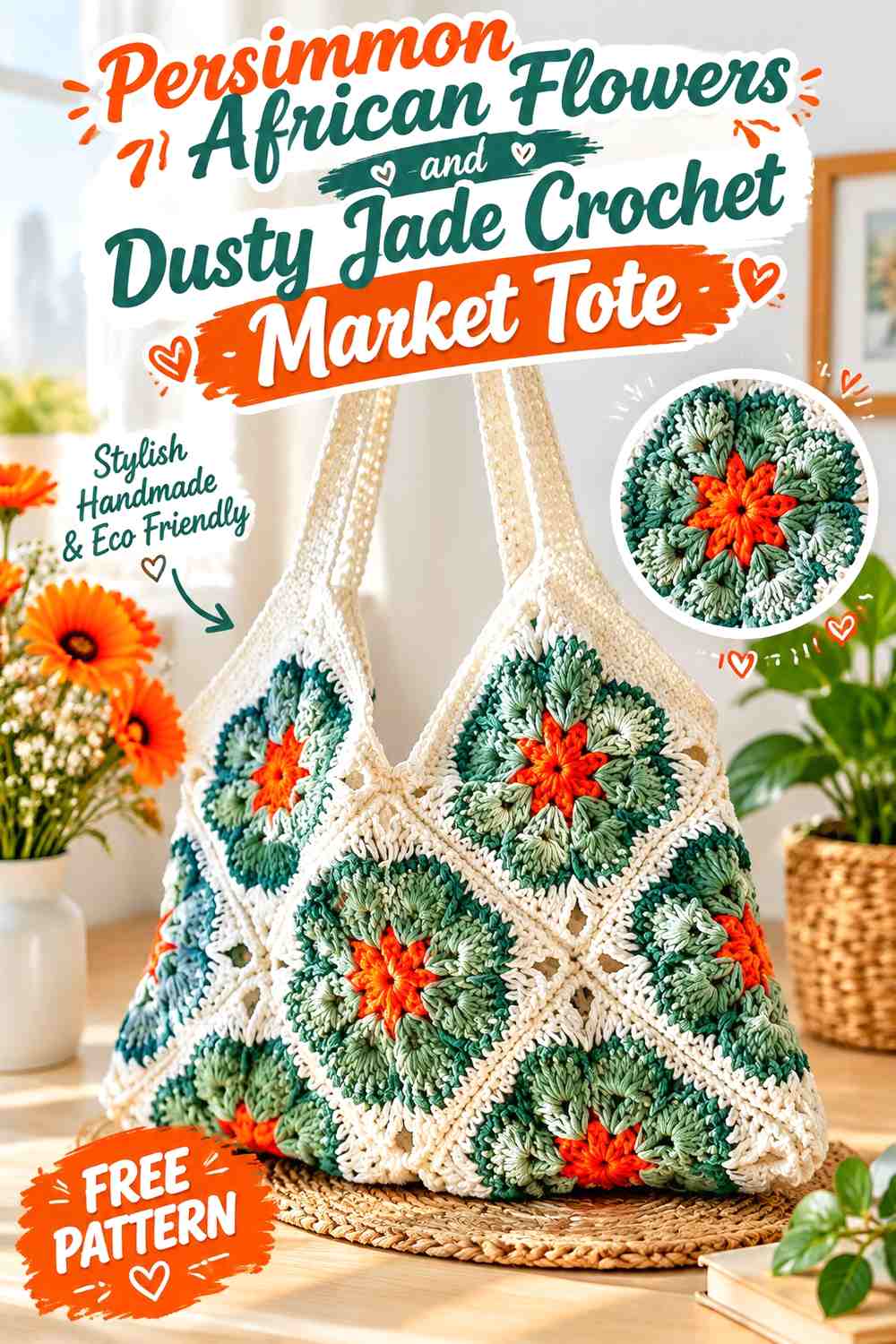 Persimmon African Flowers and Dusty Jade Crochet Market Tote