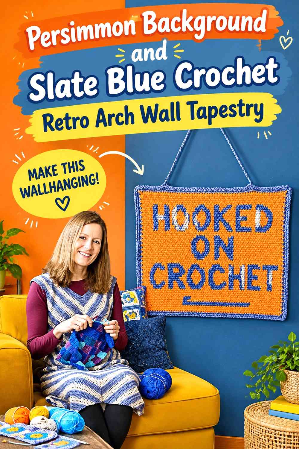 Persimmon Background and Slate Blue Crochet Retro Arch Wall Tapestry