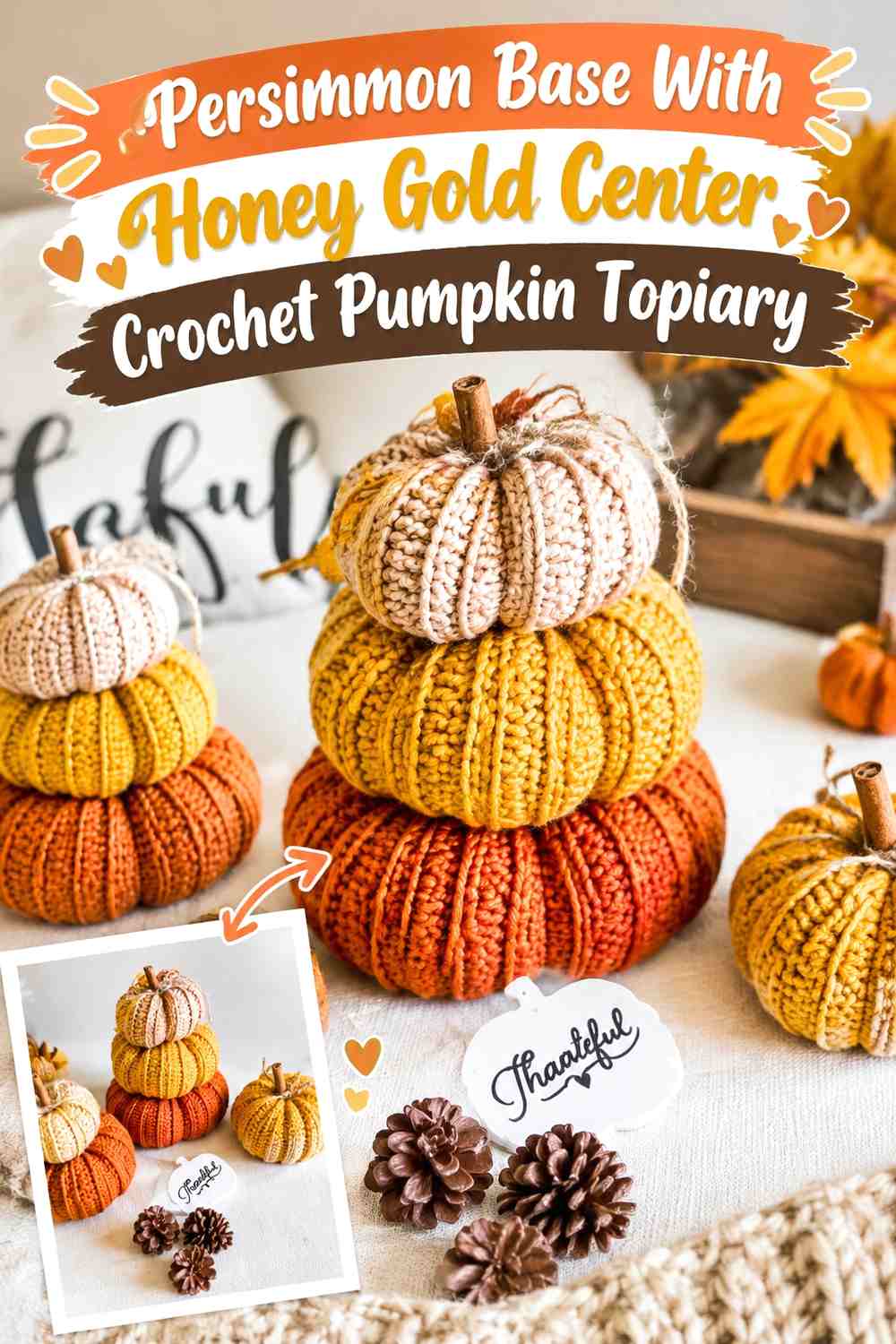 Persimmon Base With Honey Gold Center Crochet Pumpkin Topiary